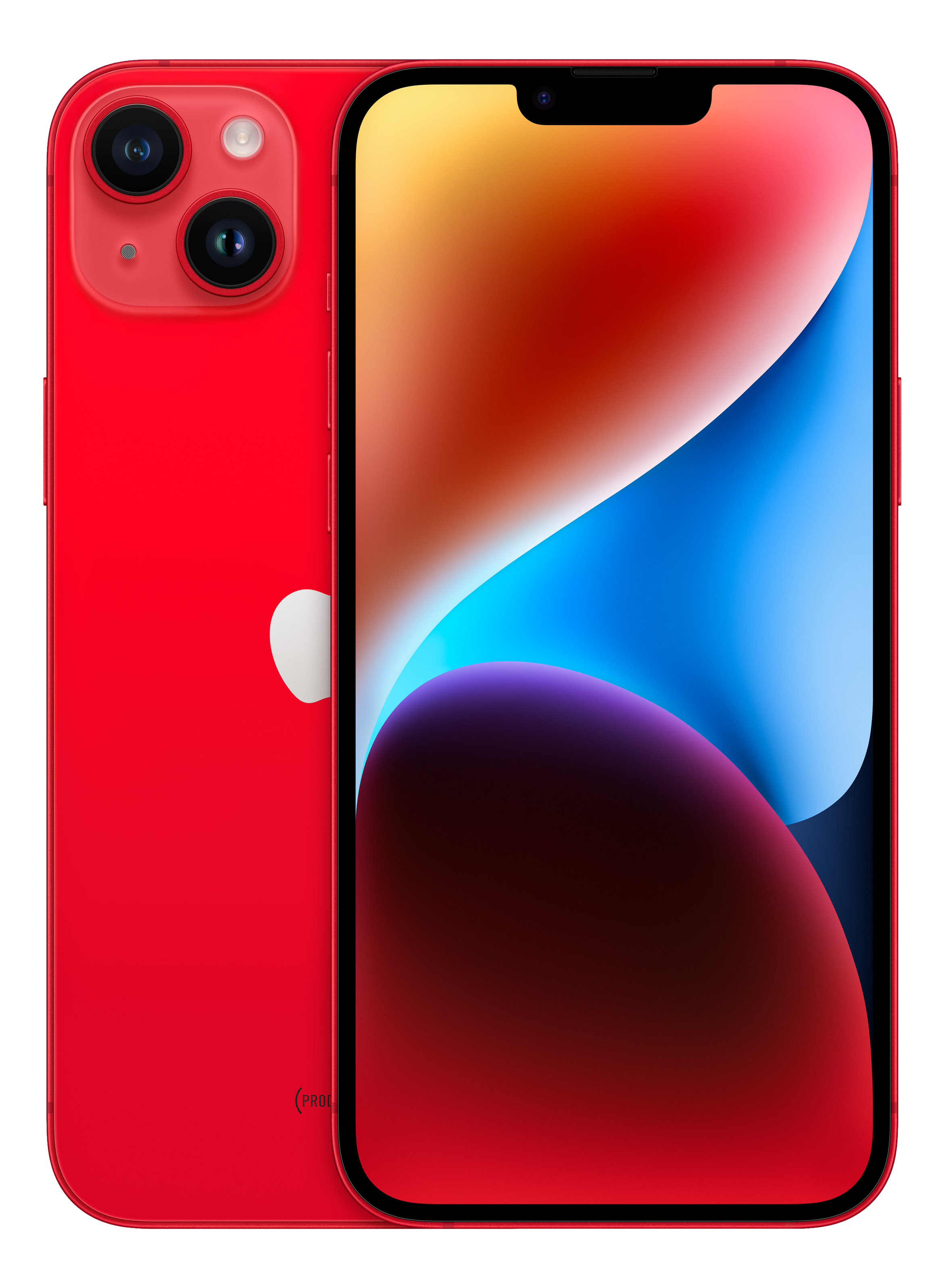 Rotes iPhone mit Rück- und Vorderansicht auf schwarzem Hintergrund.