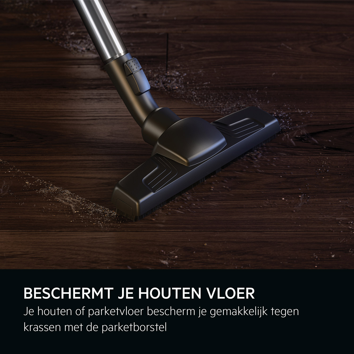 A vacuum cleaner head cleaning a wooden floor. Text at the bottom: Protect your wooden floor.
