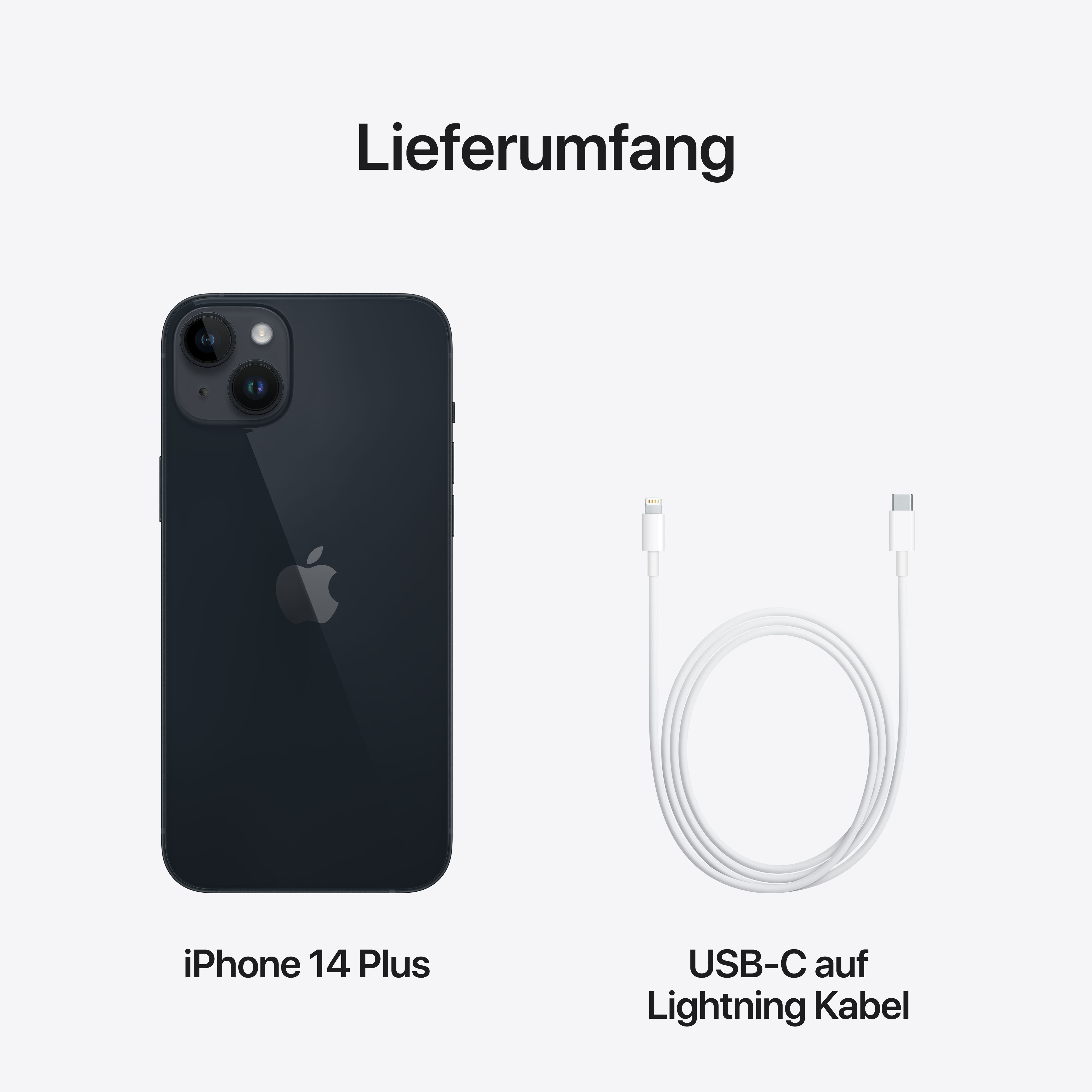 Schwarzes iPhone 14 Plus und ein weißes USB-C-auf-Lightning-Kabel auf hellem Hintergrund.