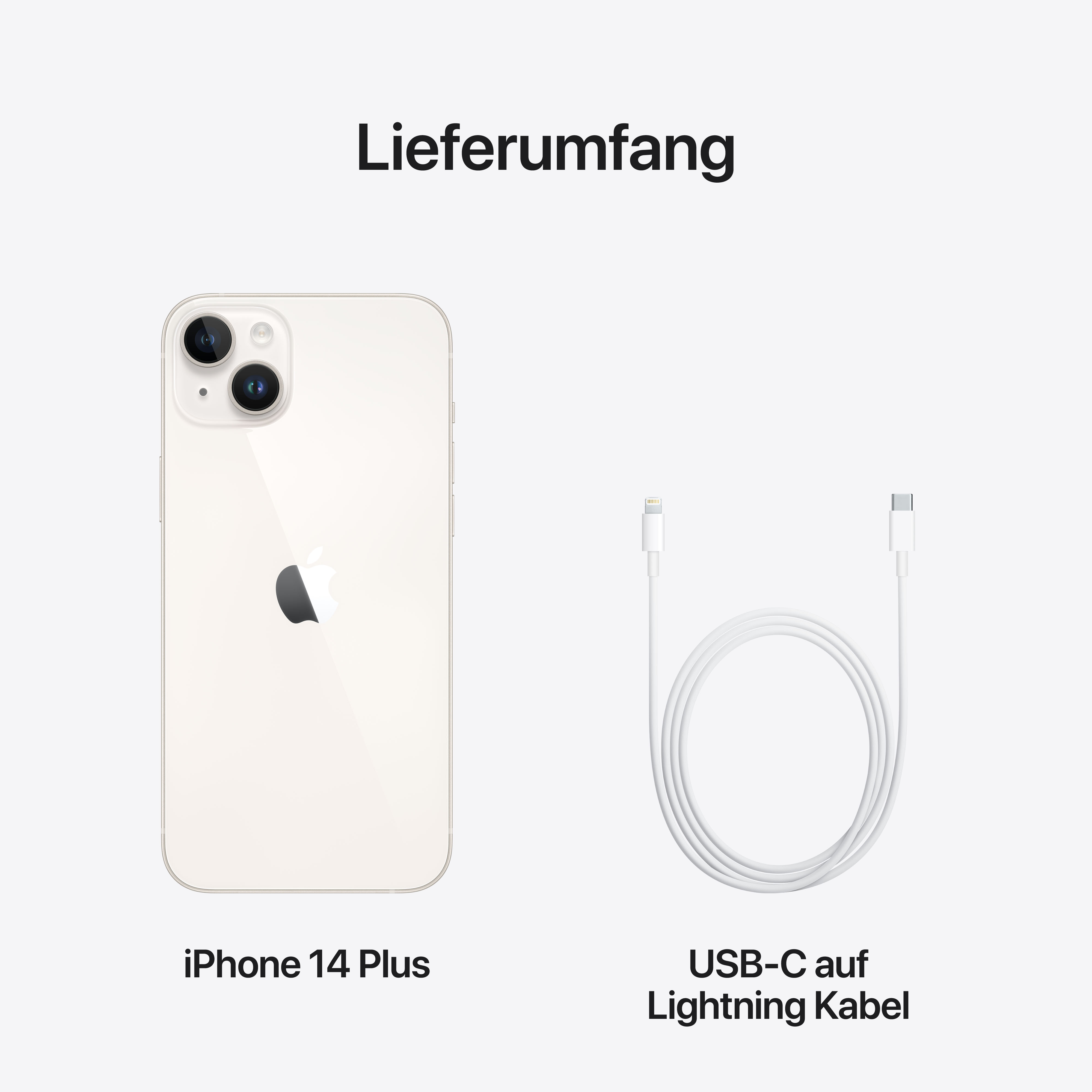 iPhone 14 Plus, weiß, mit USB-C-auf-Lightning-Kabel, auf weißem Hintergrund.
