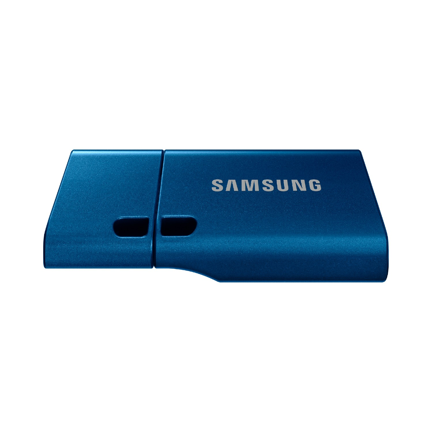 Una unidad USB Samsung azul, con el nombre de la marca en blanco. Tiene forma rectangular compacta.