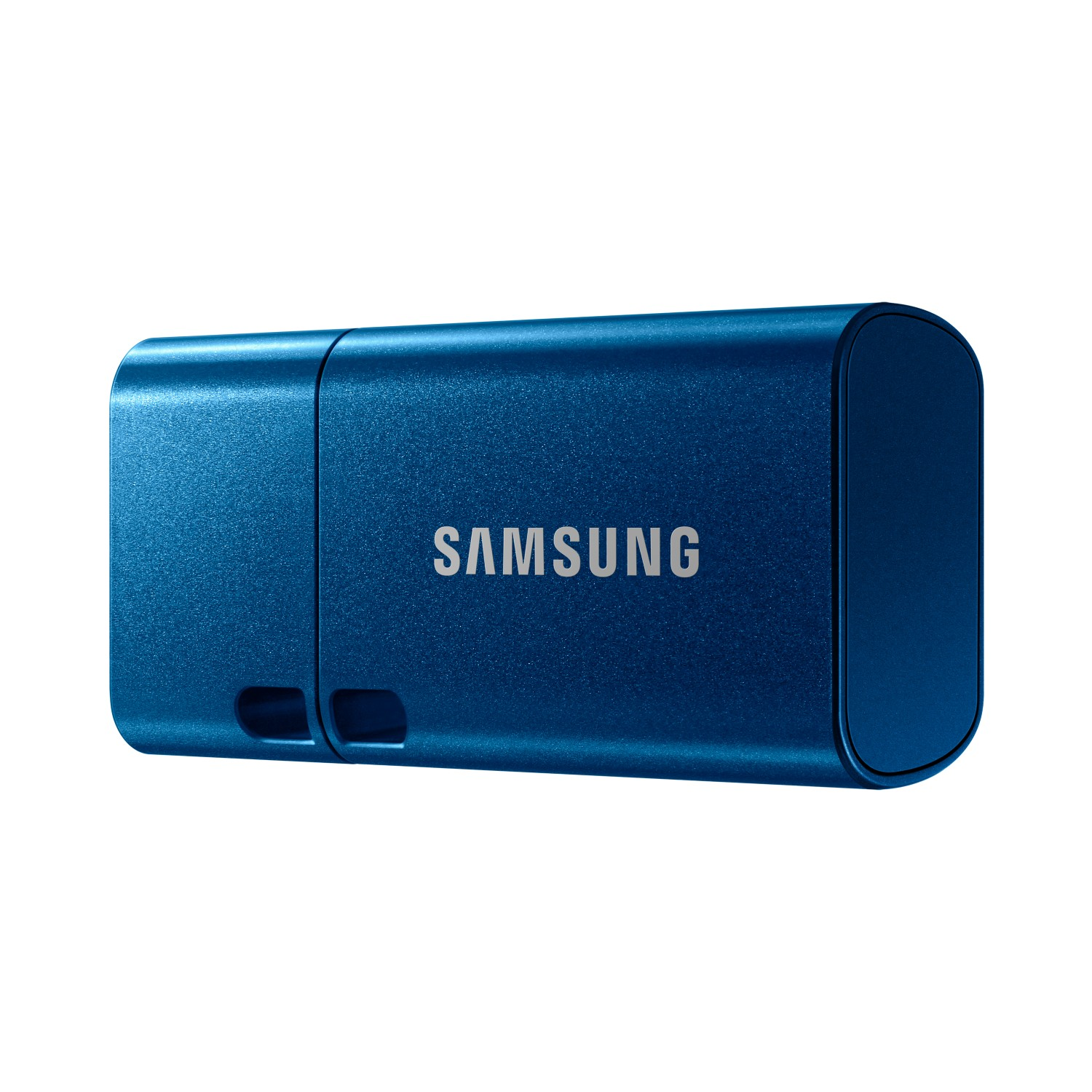 Unidad USB Samsung azul con el logotipo de Samsung en la parte delantera. Fondo blanco.