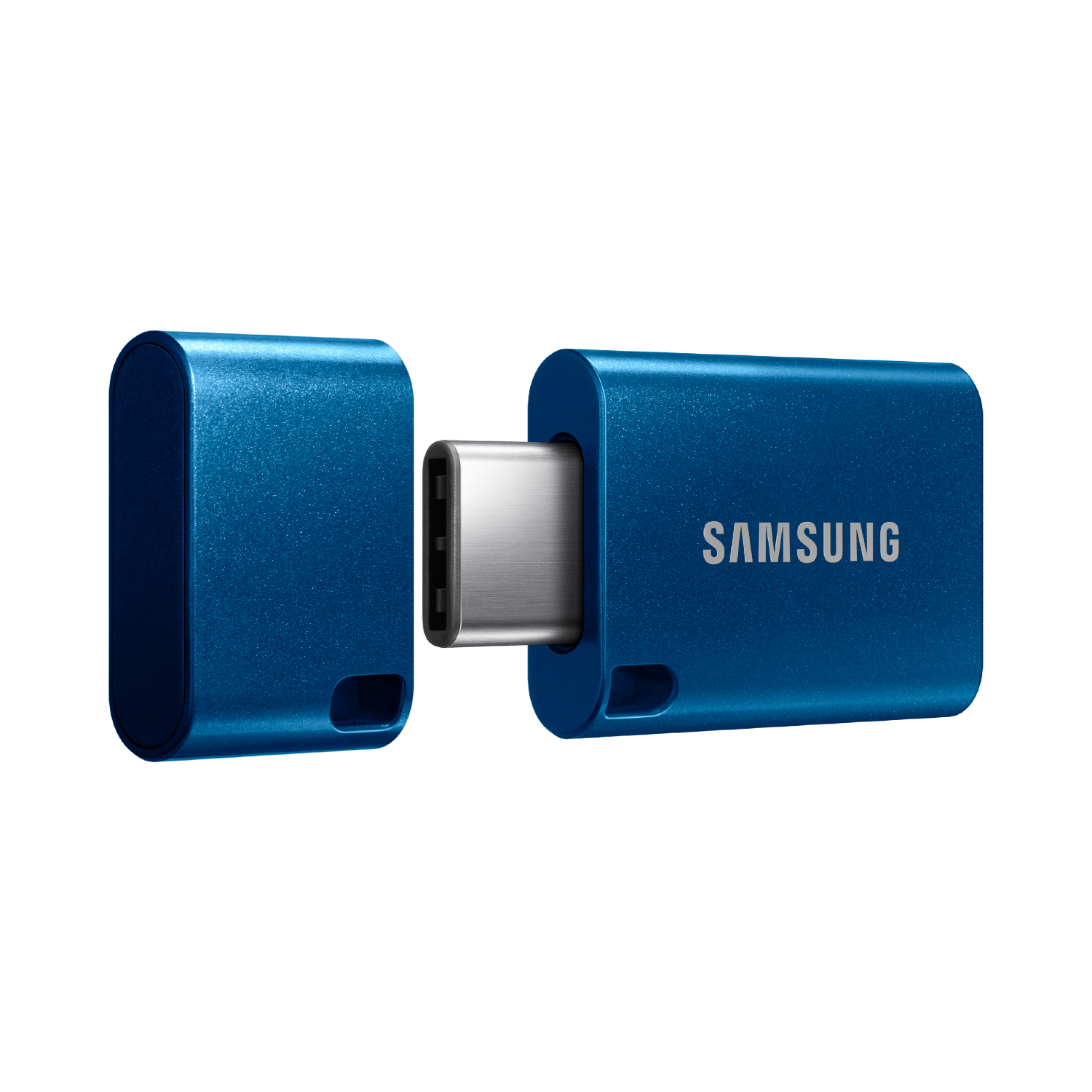 Una unidad USB-C azul de Samsung. La unidad está en dos partes: el USB y una tapa.