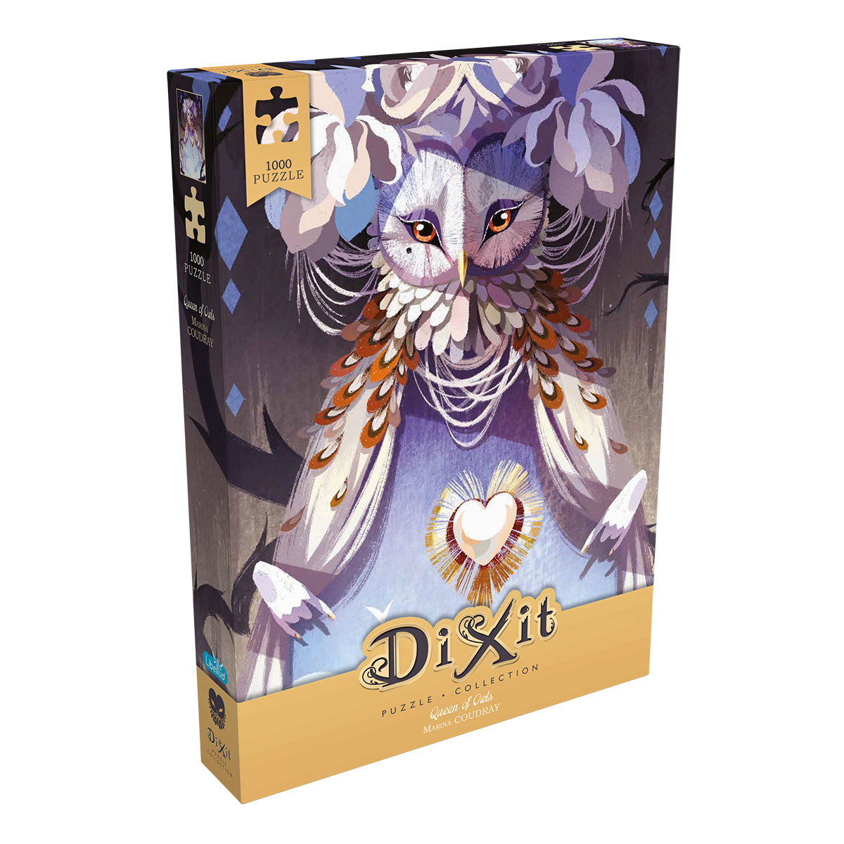 Puzzleschachtel. Das Puzzle zeigt eine Eule mit Herz. Die Box hat weißes, blaues und Holzdesign.