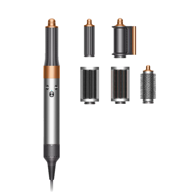Dyson Airwrap styler, plateado y cobrizo, con varios accesorios de peinado.
