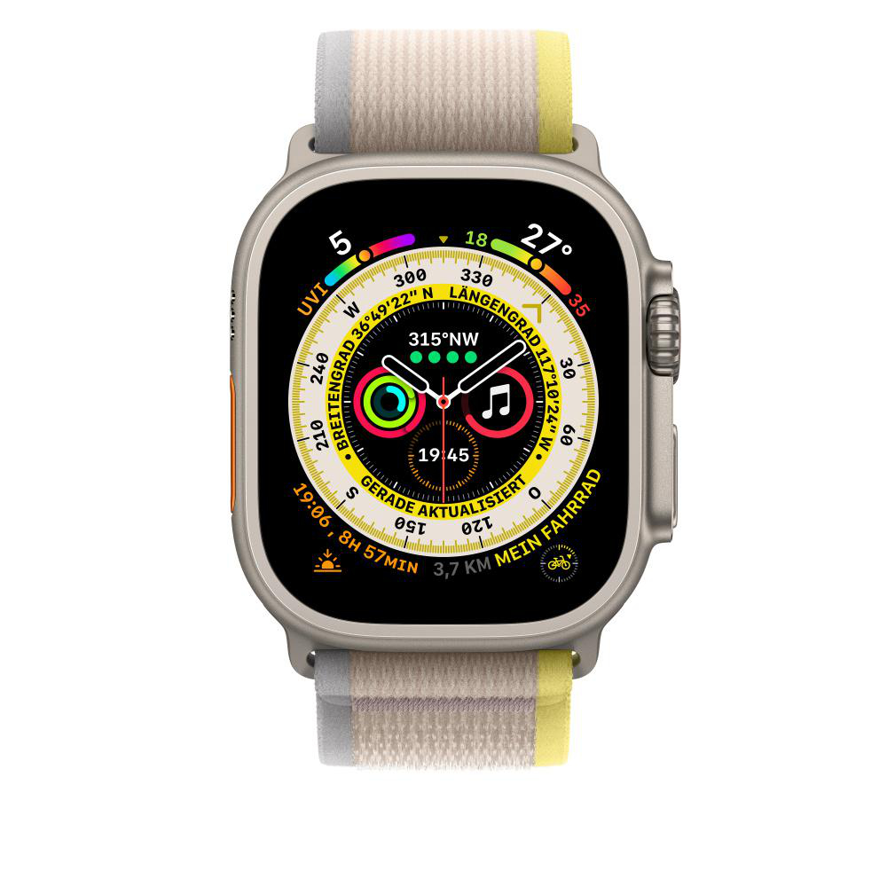 Silberne Apple Watch Ultra mit farbigem Armband, zeigt Trainingsdaten.