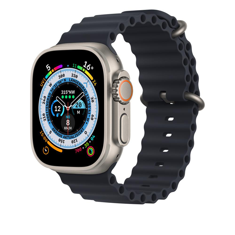 Apple Watch Ultra mit dunkelblauem Armband, das Zeit und verschiedene Daten auf dem Zifferblatt anzeigt.