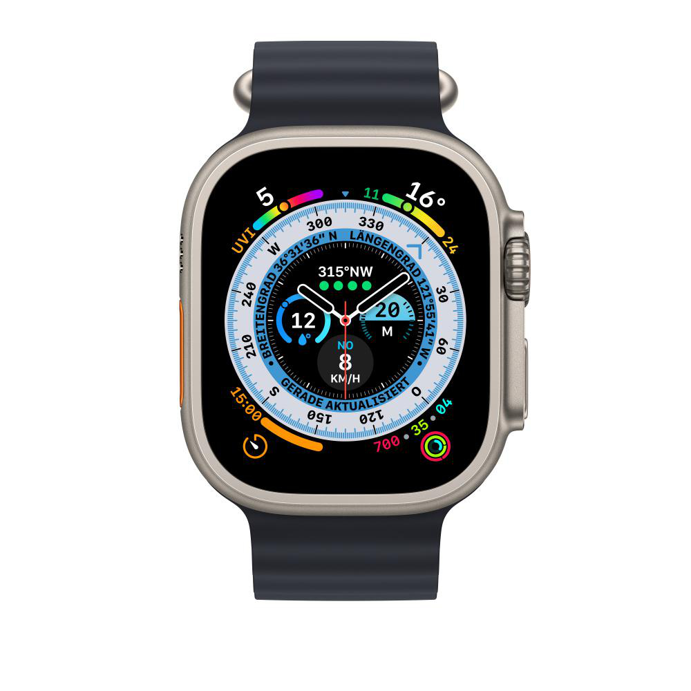 Silberne Smartwatch mit dunkelblauem Band, rundes Display mit Daten.