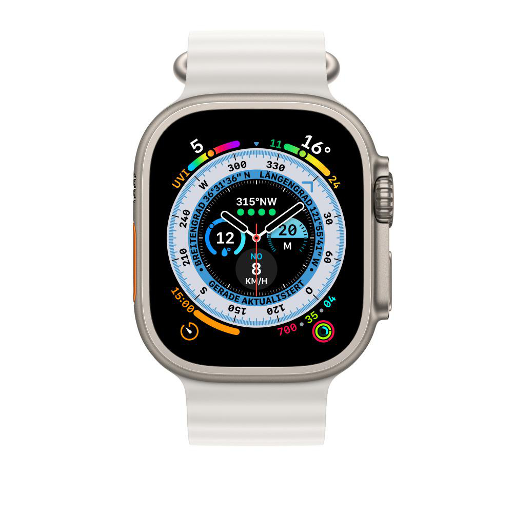 Apple Watch Ultra. Weißes Armband, silbernes Gehäuse. Der Bildschirm zeigt eine digitale Anzeige mit Zeit, Kompass und GPS-Daten.