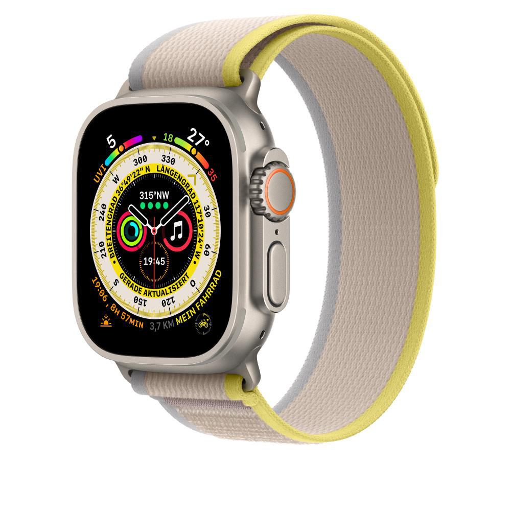 Apple Watch Ultra, zeigt Zeit, Kompass und Daten, mit gelbem Armband.