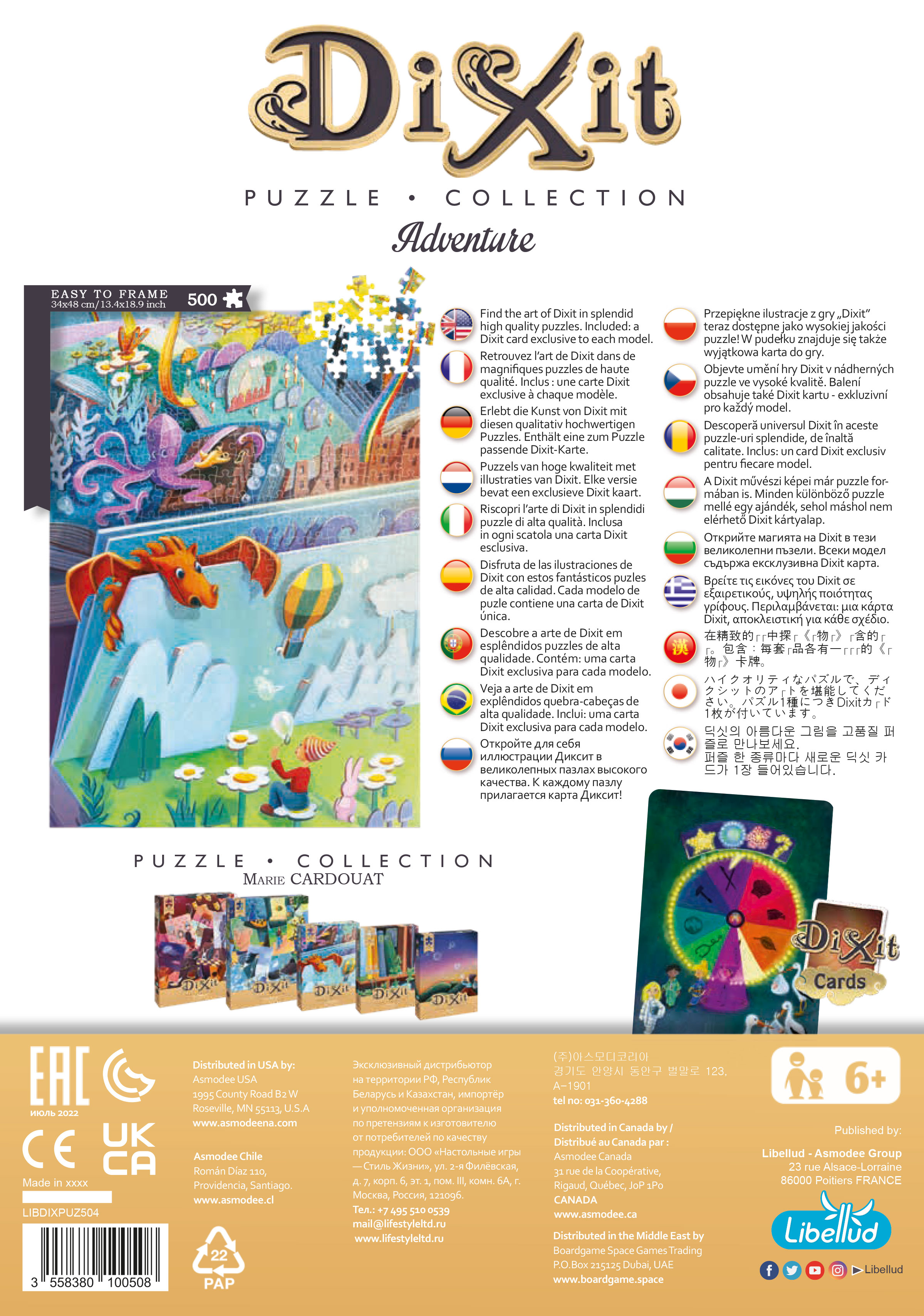 Dixit Brettspielbox und Karten, mit verschiedenen Sprachen und Illustrationen.