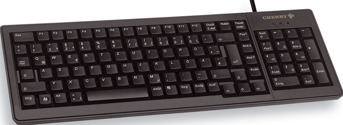 Schwarze Cherry-Tastatur, vollständiges Layout, mit deutschen Tasten.
