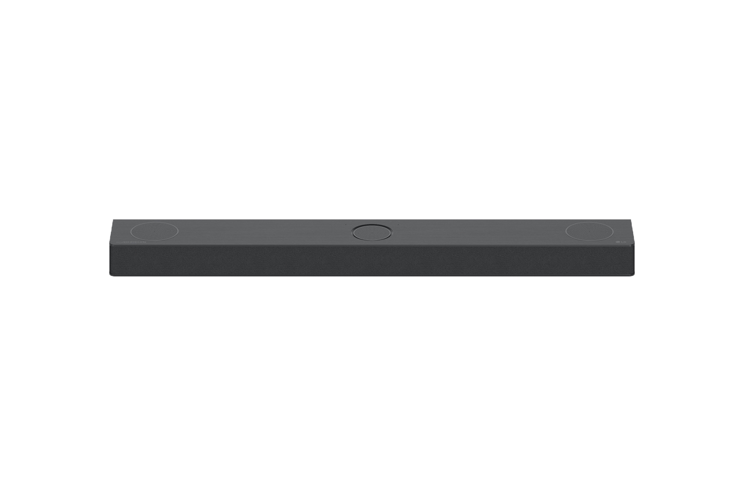 Donkergrijze LG soundbar op een zwarte achtergrond. Luidsprekers aan beide uiteinden en een midden.