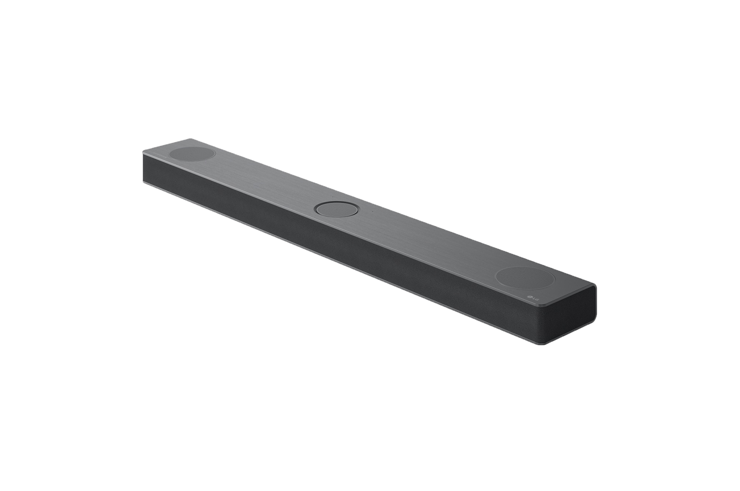 Een donkergrijze LG soundbar op een zwarte achtergrond. Het is een lange, rechthoekige vorm met twee cirkelvormige luidsprekers.