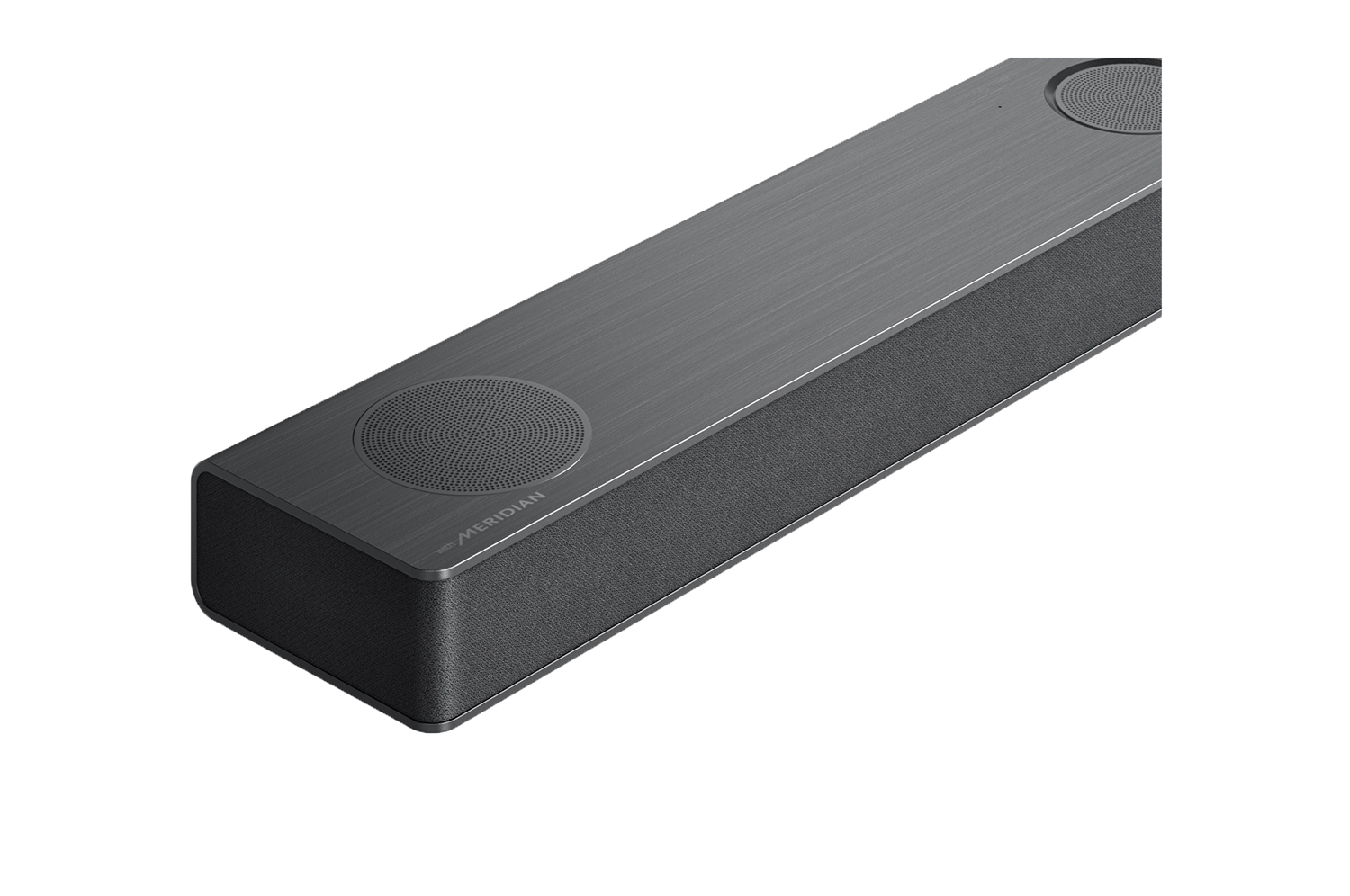 Zwarte soundbar met Meridian-branding, met luidsprekers en een strak design.