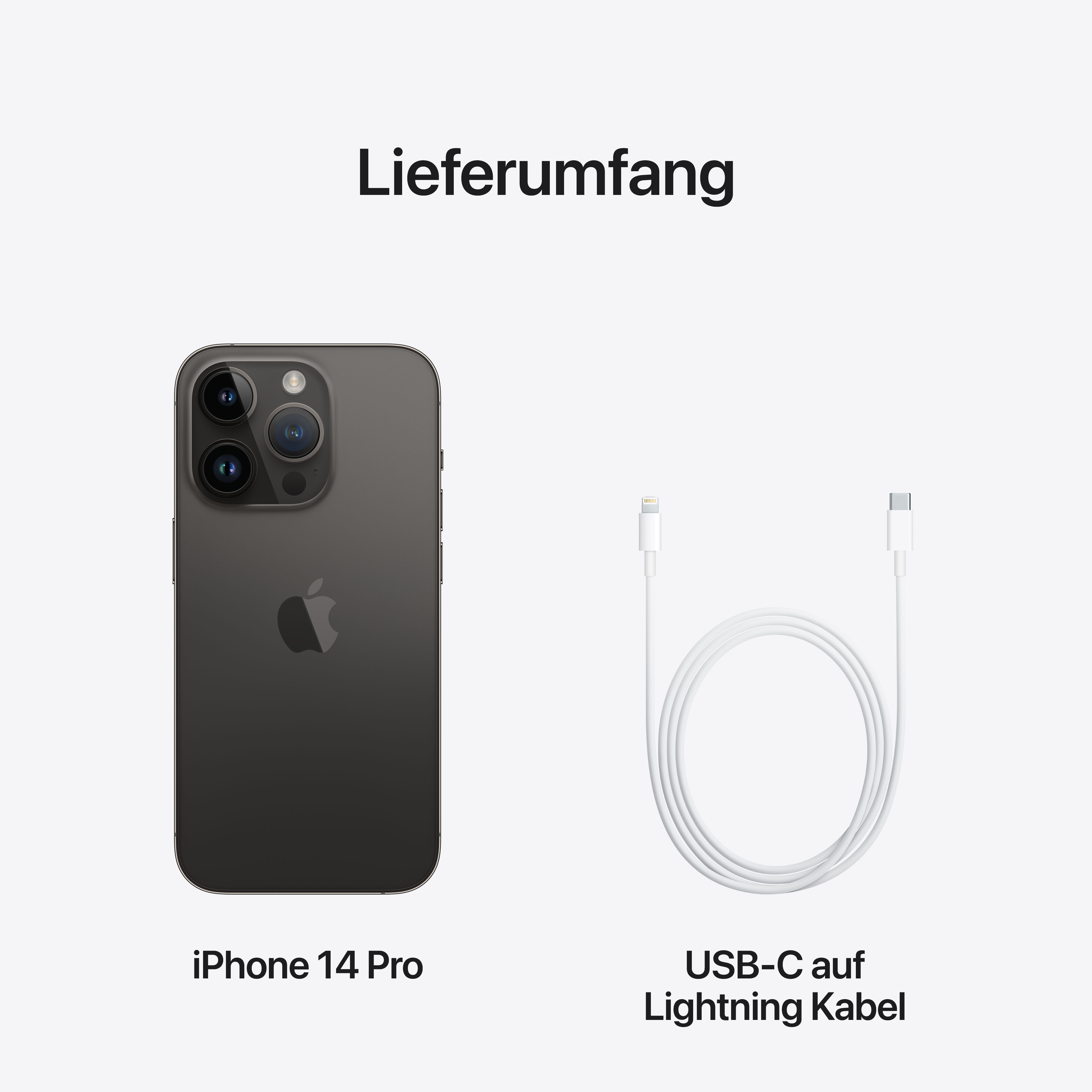 Das iPhone 14 Pro und ein USB-C-auf-Lightning-Kabel mit dem Text 'Lieferumfang'.