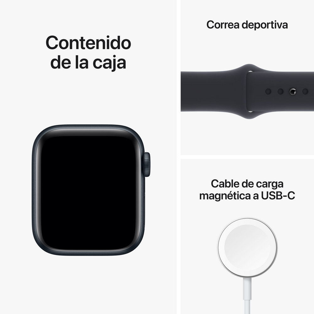 Contenido del Apple Watch: reloj, correa deportiva, cargador, fondo blanco.