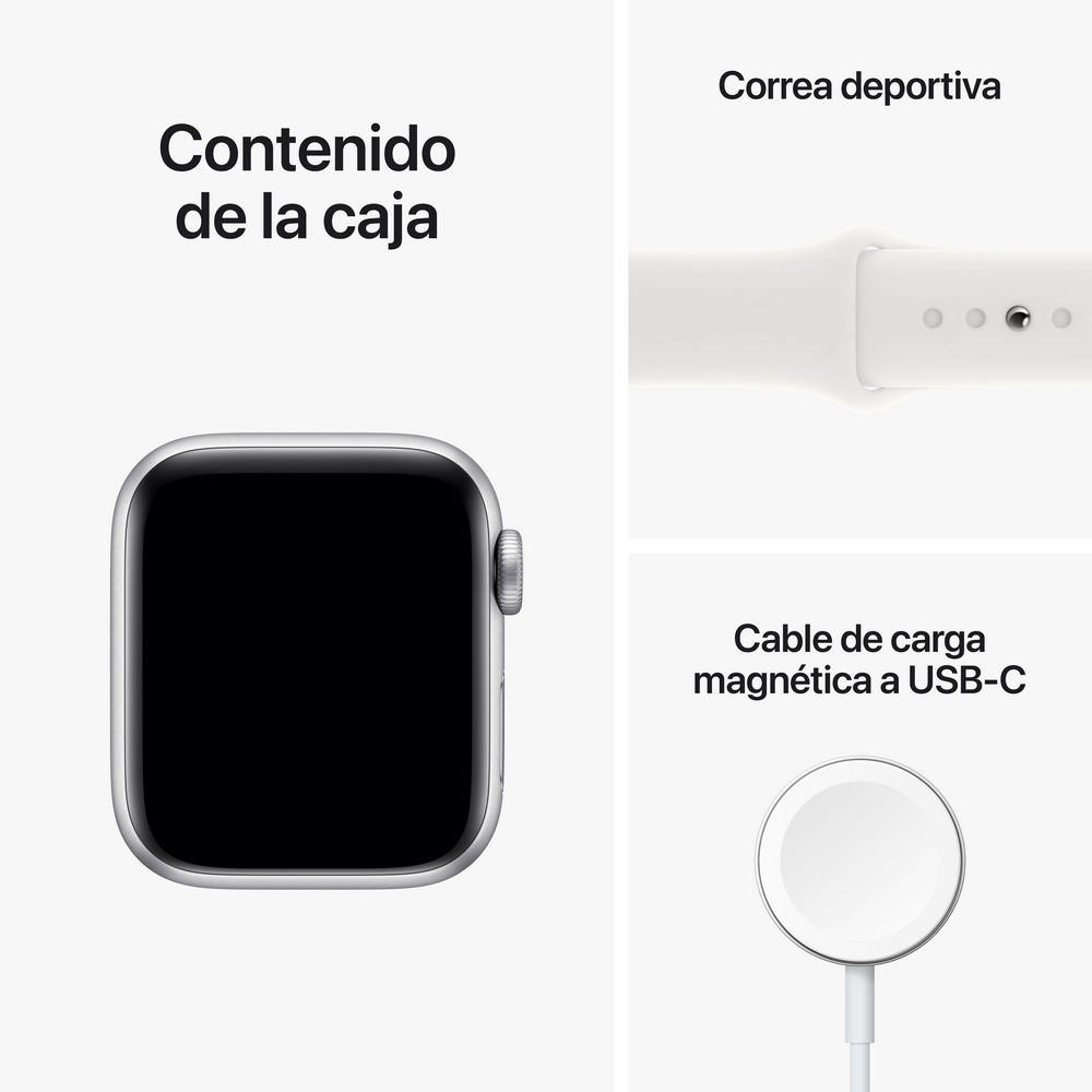Un Apple Watch, una correa deportiva blanca y un cable de carga USB-C se muestran sobre una superficie blanca.