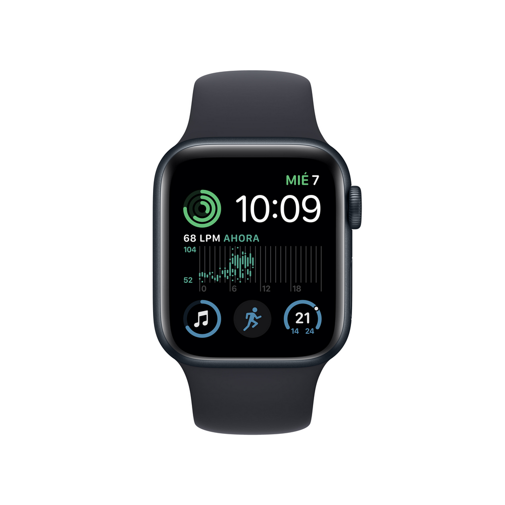 Apple Watch con correa negra muestra hora, frecuencia cardíaca y controles de música.