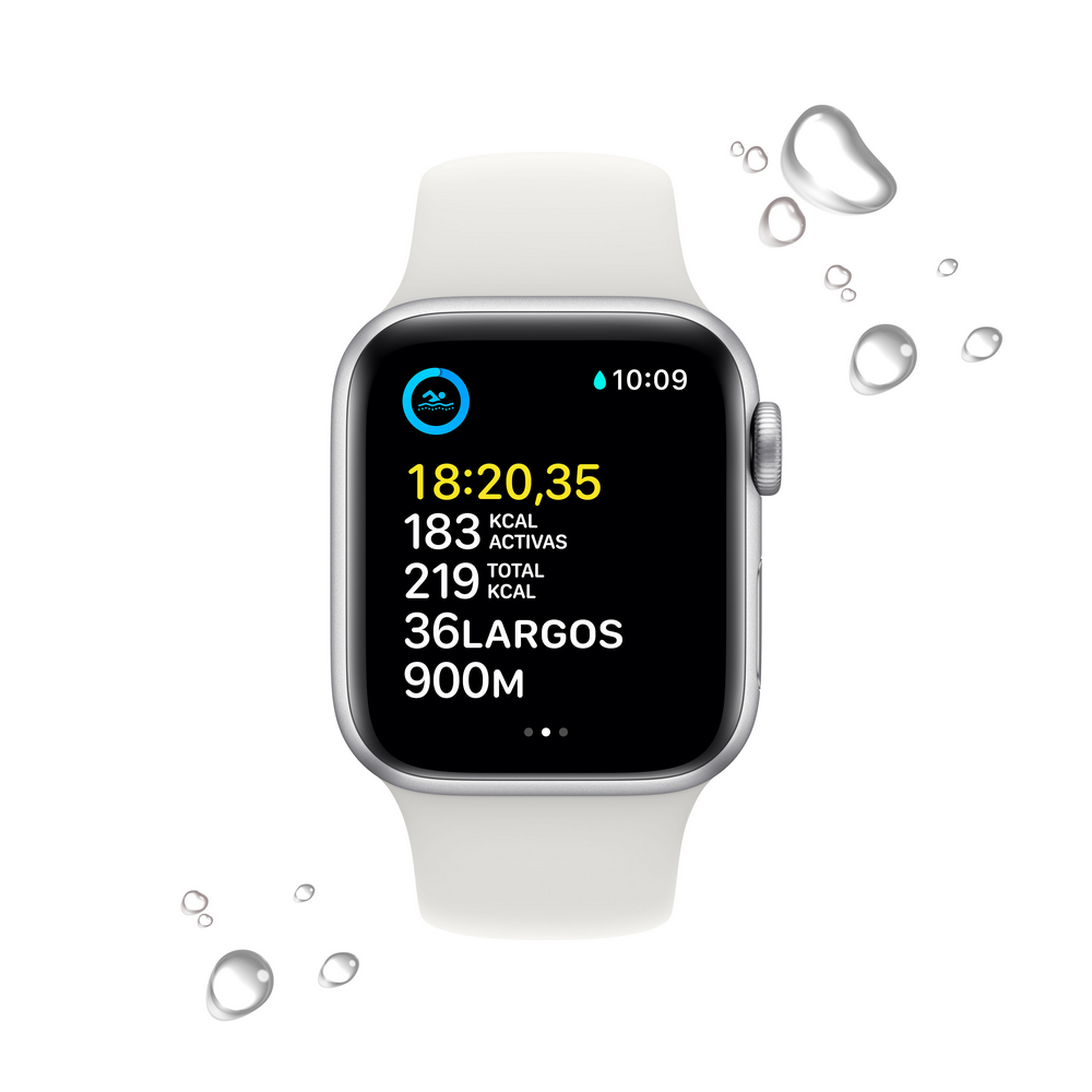 Un Apple Watch con una correa blanca. Muestra calorías quemadas, actividad y tiempo.