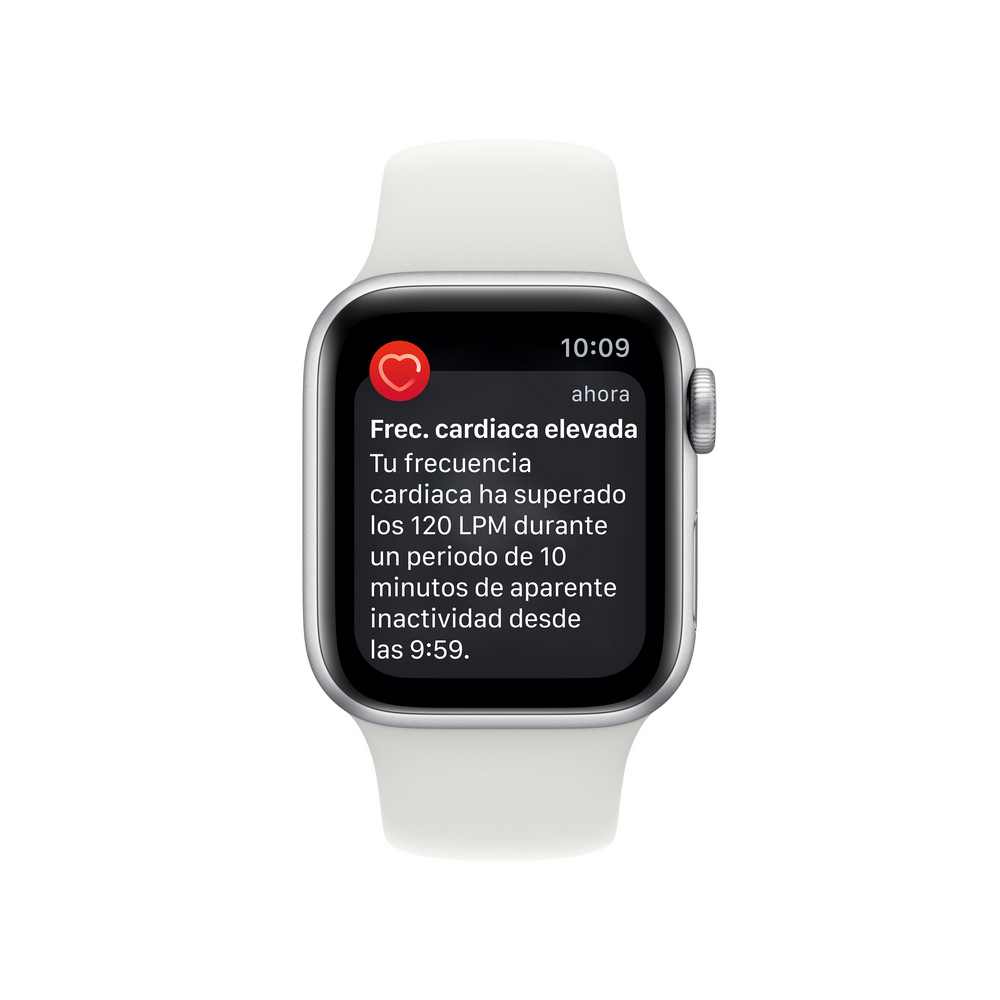 Apple Watch mostrando una alerta de salud en español. Alerta indica información de frecuencia cardíaca elevada.