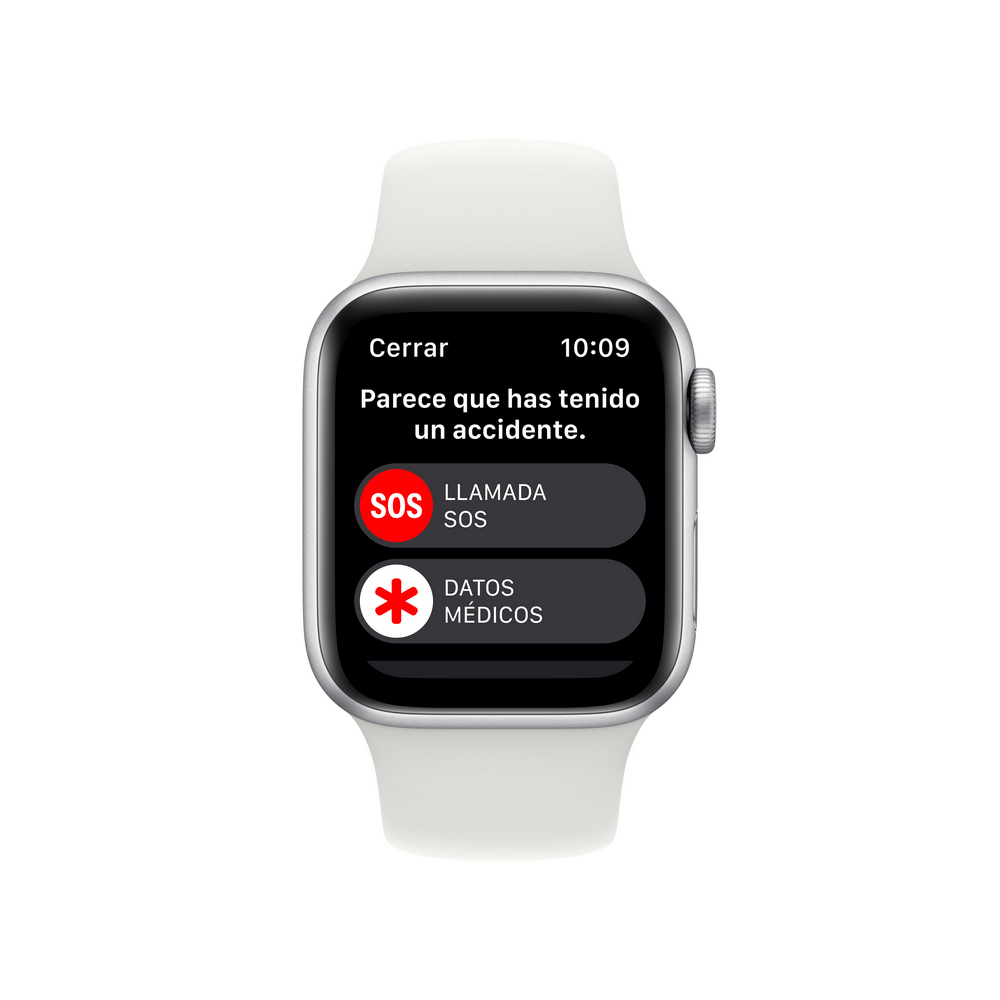 Pantalla de smartwatch mostrando opciones de emergencia. Llamada SOS y datos médicos, correa blanca.