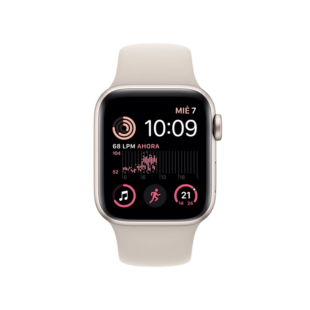 Apple Watch con correa blanca, mostrando hora y métricas de salud.