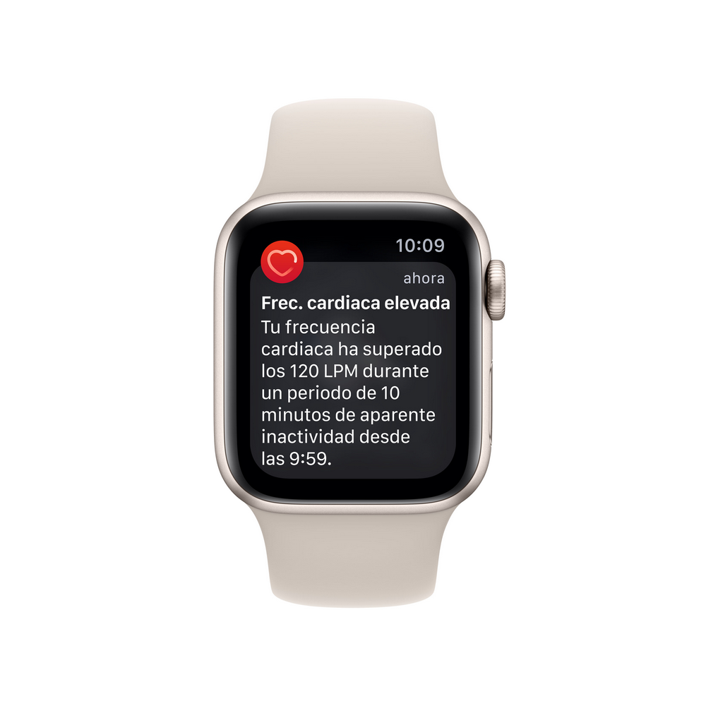 Primer plano de un Apple Watch beige que muestra una notificación de frecuencia cardíaca alta.