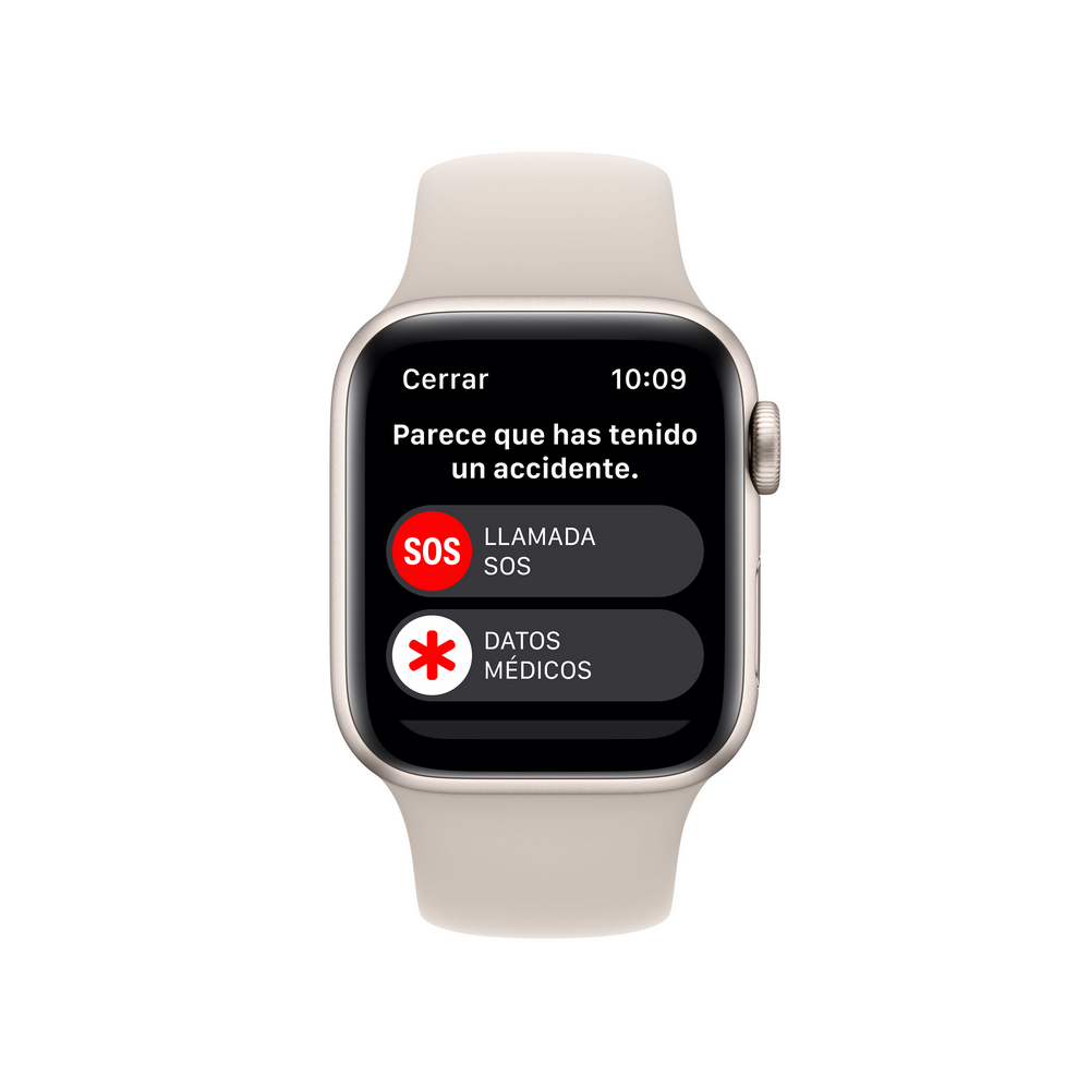 Apple Watch mostrando opciones de llamada SOS. Icono SOS rojo. Opciones de datos médicos.