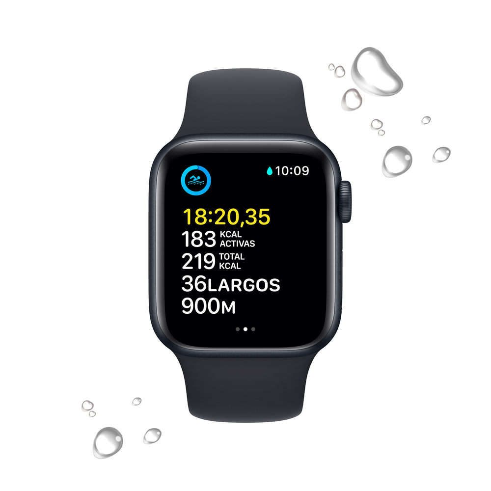 Apple Watch mostrando datos de entrenamiento. Muestra tiempo, frecuencia cardíaca, calorías y distancia.