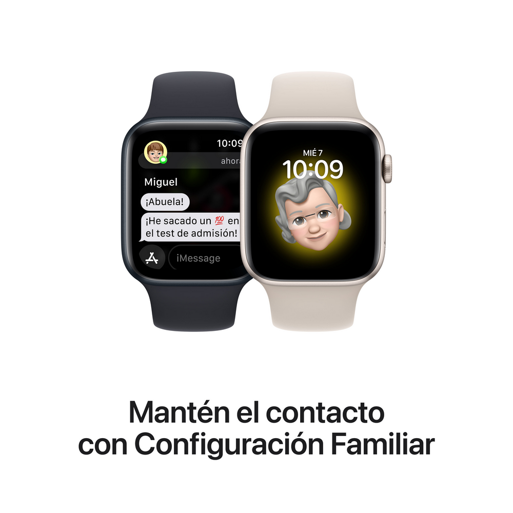 Dos Apple Watch que muestran una configuración familiar: mensajes y la cara de una abuela sonriente.