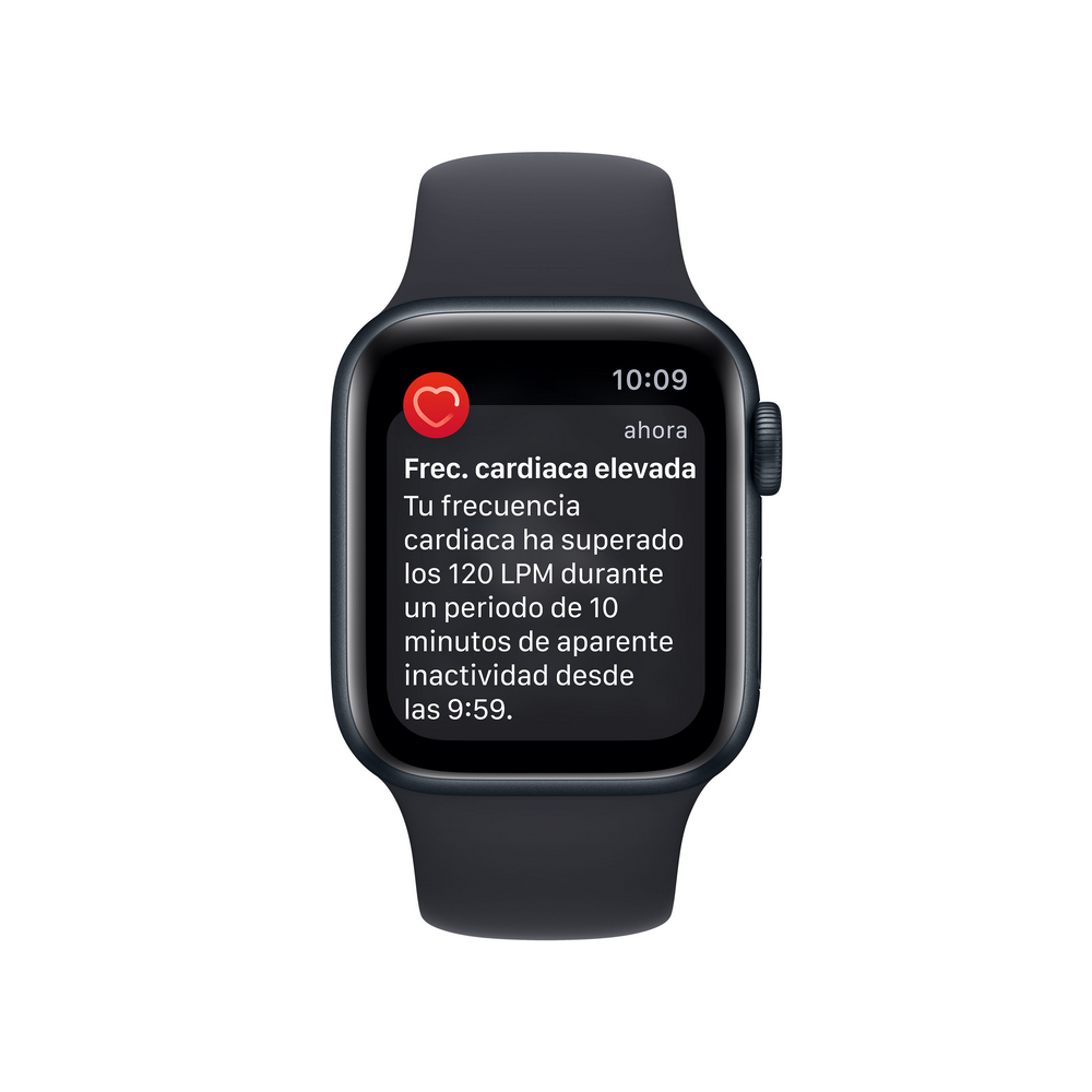 Apple Watch que muestra una notificación de frecuencia cardíaca alta. Reloj y correa negros.