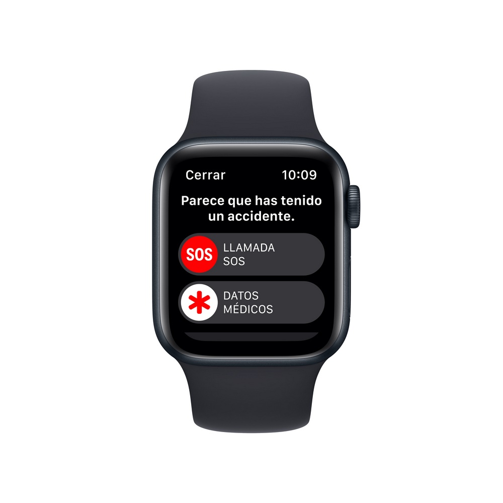 Un Apple Watch muestra una pantalla SOS con opciones de llamada SOS y datos médicos.