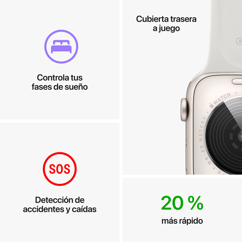 Apple Watch con funciones. Iconos: seguimiento del sueño, detección de caídas y 20% más rápido. Fondo blanco.
