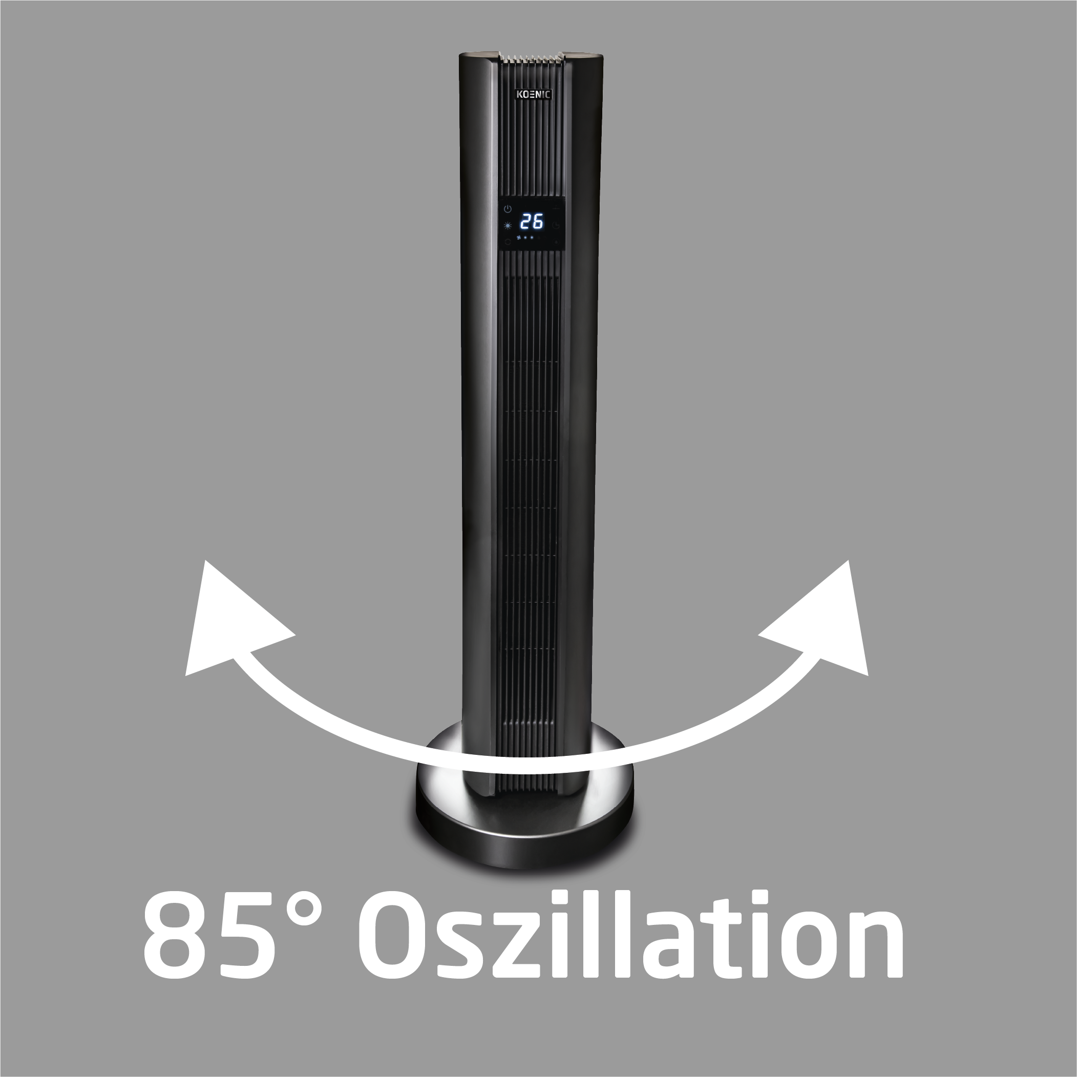 Schwarzer Turmventilator auf Metallbasis. Pfeile zeigen 85° Oszillation an. Grauer Hintergrund, sauberes Design.