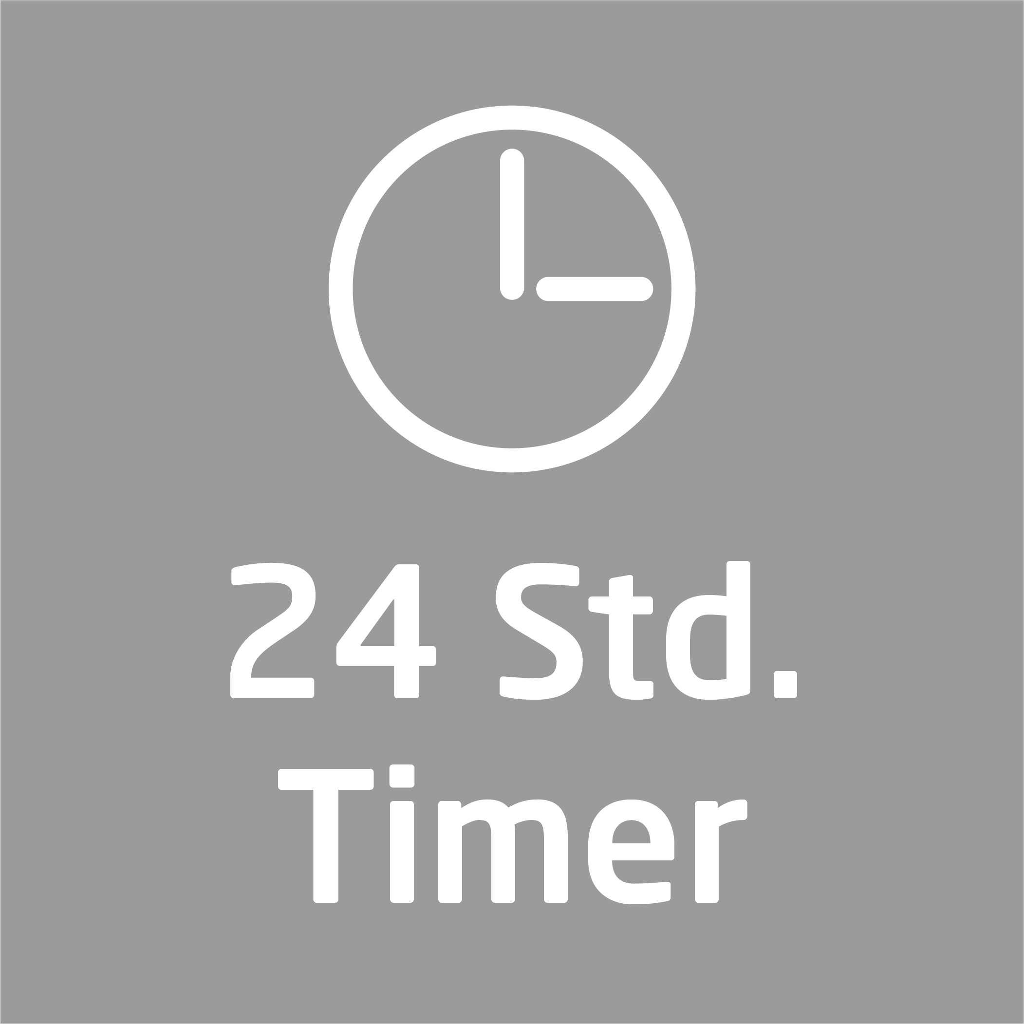 Grauer Hintergrund mit weißem Uhrensymbol, das 2:00 Uhr anzeigt. Text „24 Std. Timer“ unter dem Symbol.