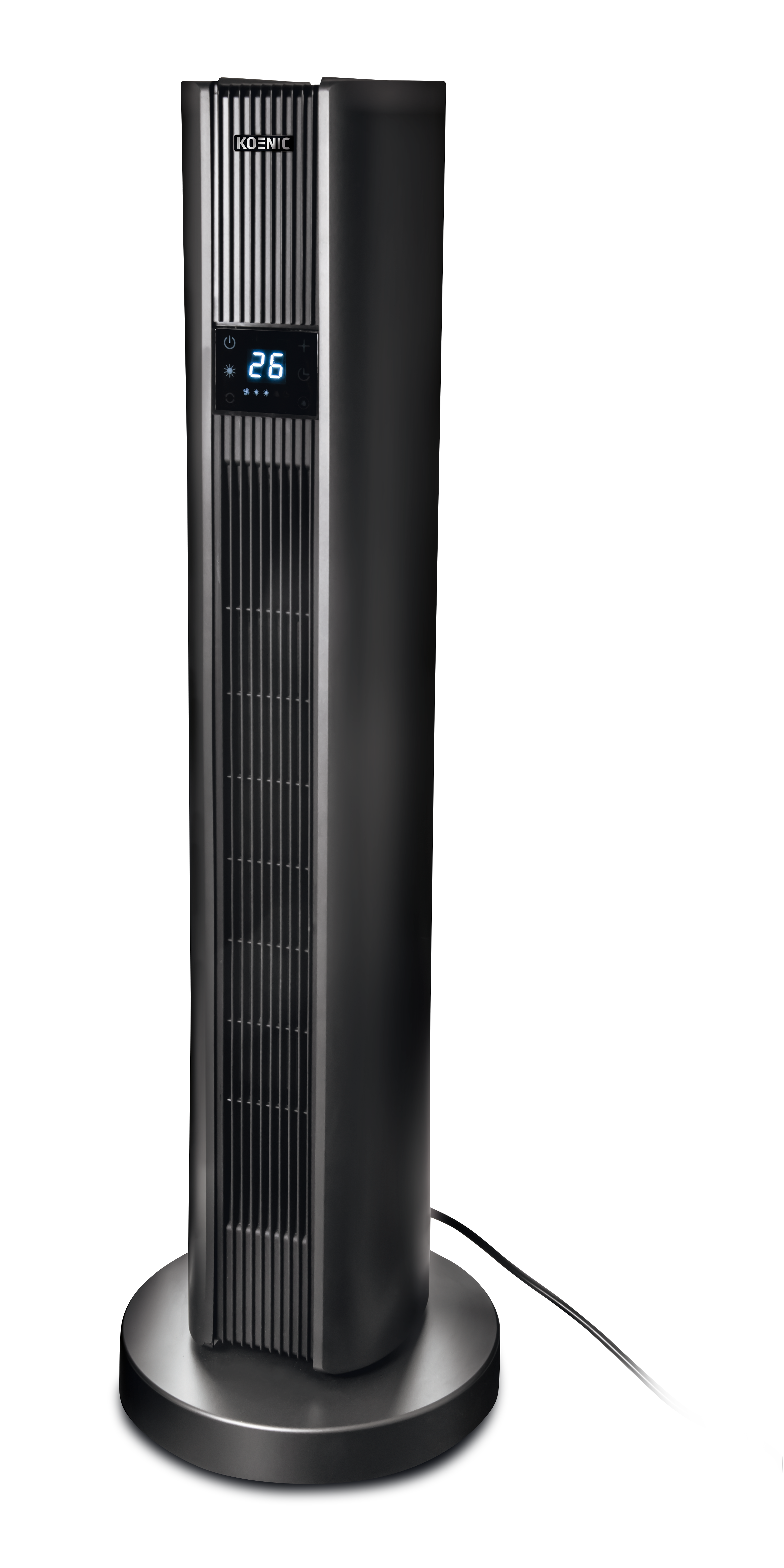 Hoher schwarzer Turmventilator mit Digitalanzeige, auf weißem Hintergrund.