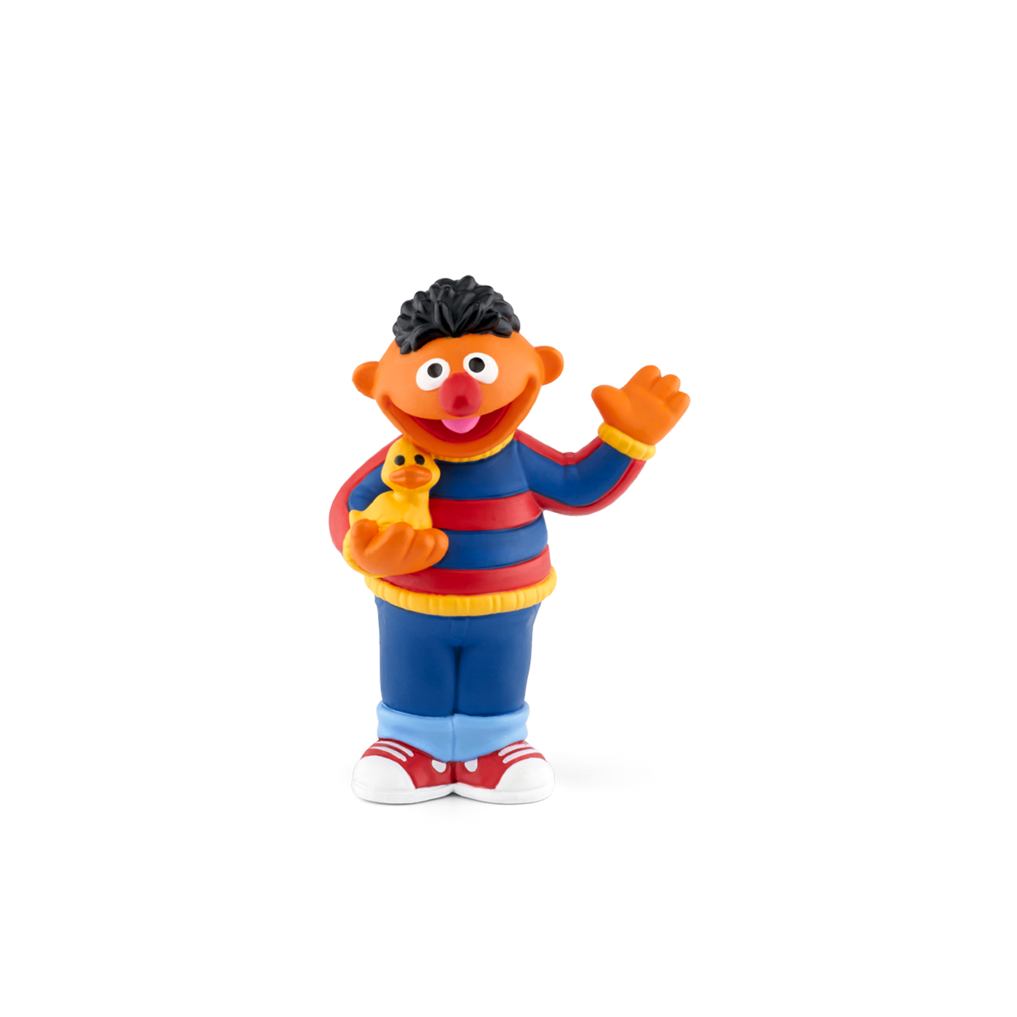 Ernie-Spielzeug hält eine gelbe Quietscheente, trägt ein blau-rot gestreiftes Hemd.