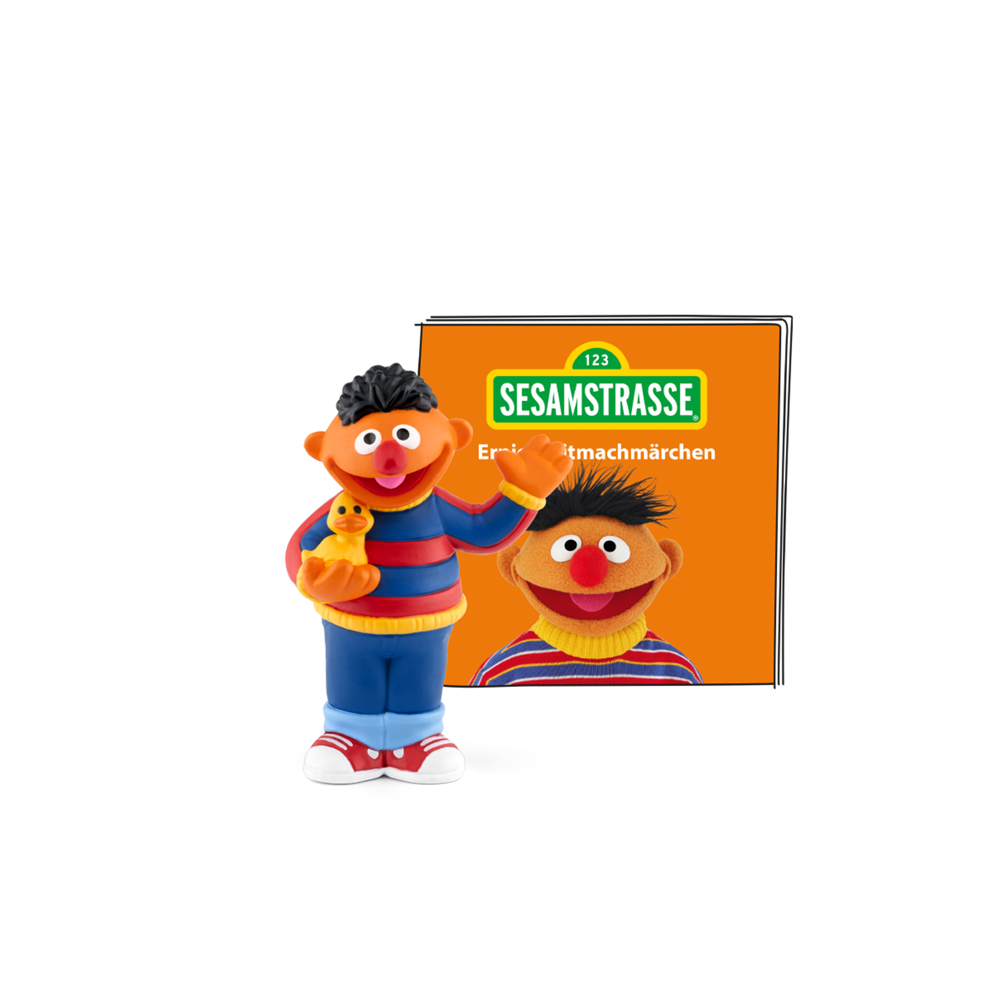 Ernie aus der Sesamstraße hält eine Quietscheente, im Hintergrund ein Buch und Bert.