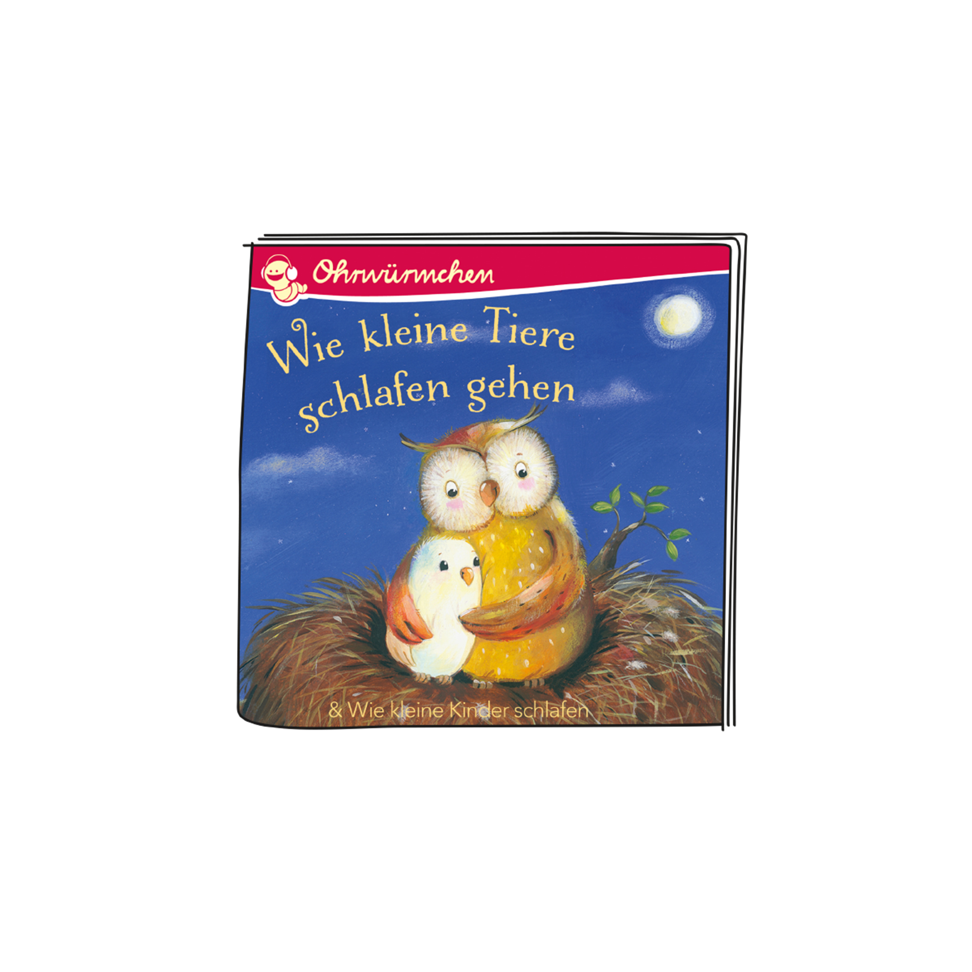 Kinderbuchcover, das eine Eule zeigt, die ein Küken in einem Nest unter einer Sternennacht umarmt.