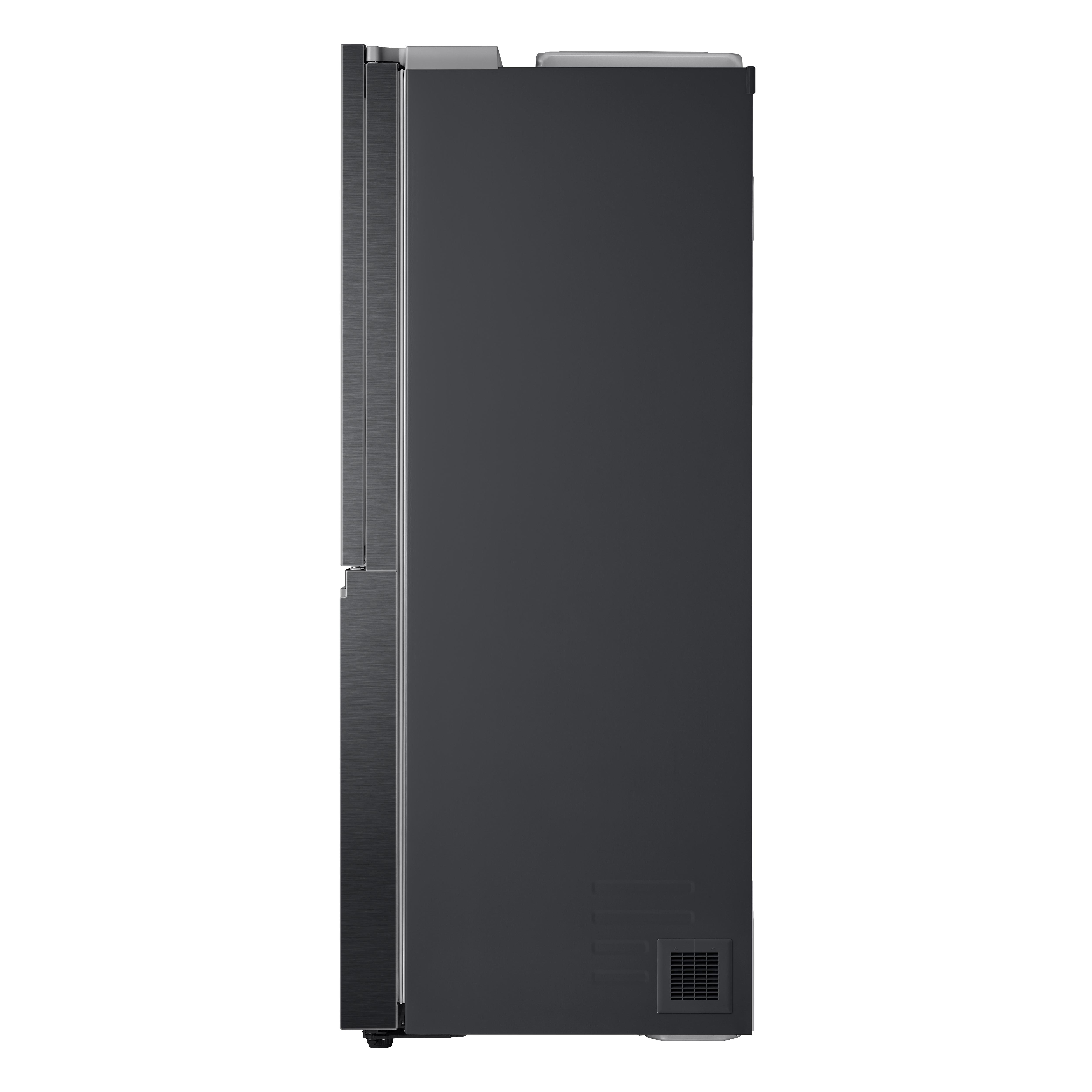 Ein schwarzer Kühlschrank, Seitenansicht. Zeigt die Seitenwand mit Details und Lüftungsschlitzen.