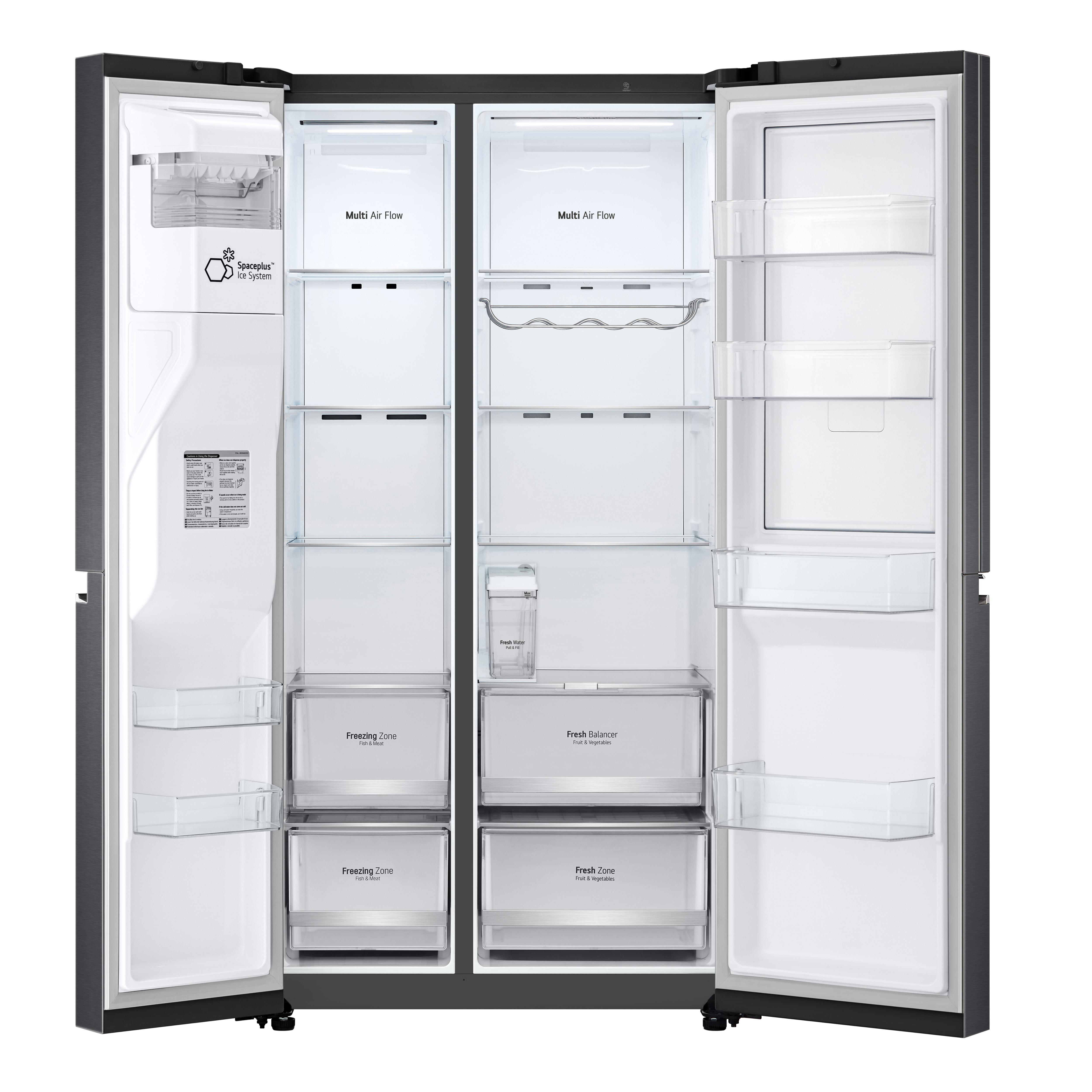 Geöffneter schwarzer LG-Kühlschrank mit Regalen, Schubladen und Staufächern. Innen leer.