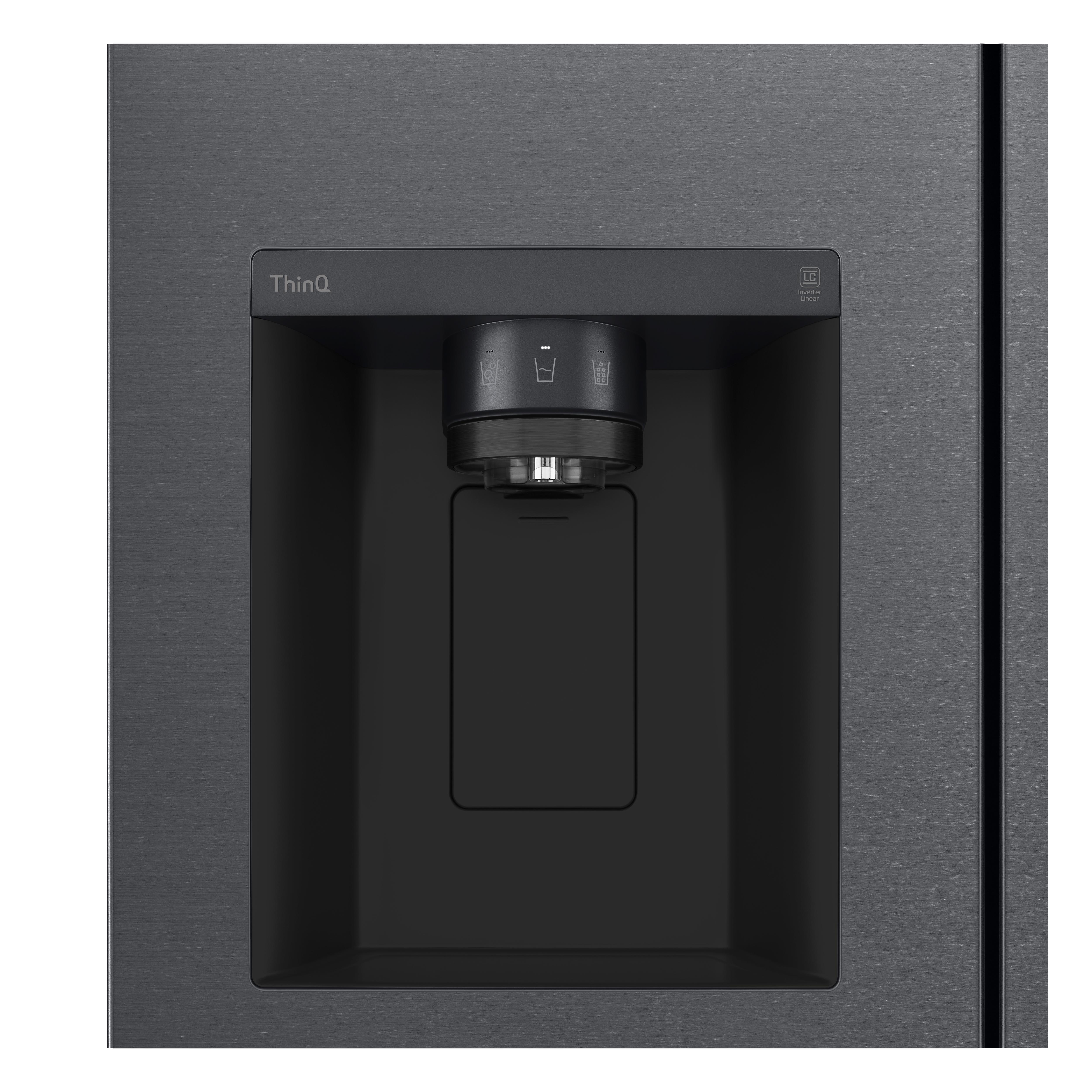 Dunkelgrauer LG Kühlschrank mit Wasserspender. Minimalistisches Design, schwarze Oberfläche, integriert.
