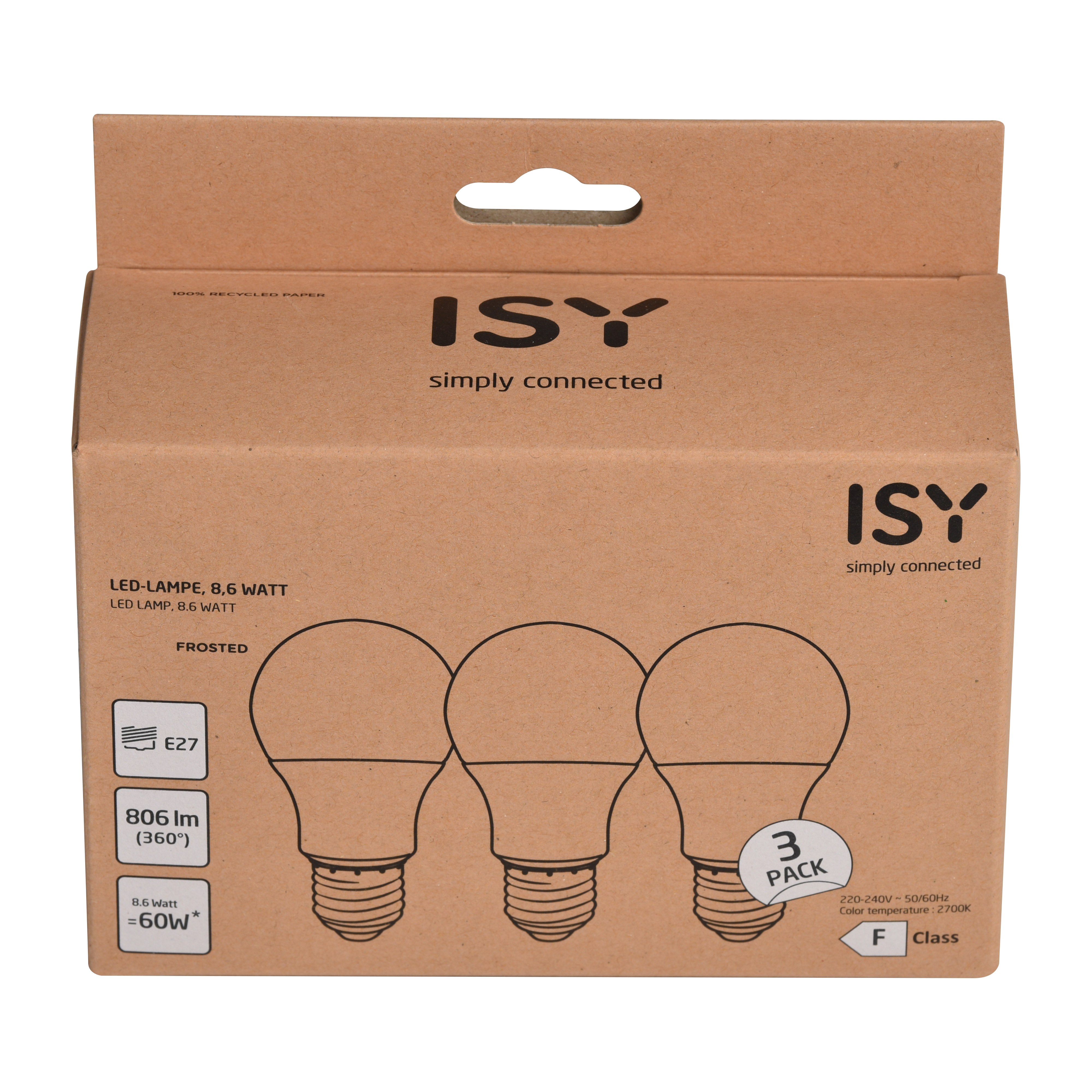 Drei LED-Glühbirnen in einer Schachtel. Die Schachtel ist braun und trägt die Aufschrift "ISY simply connected".