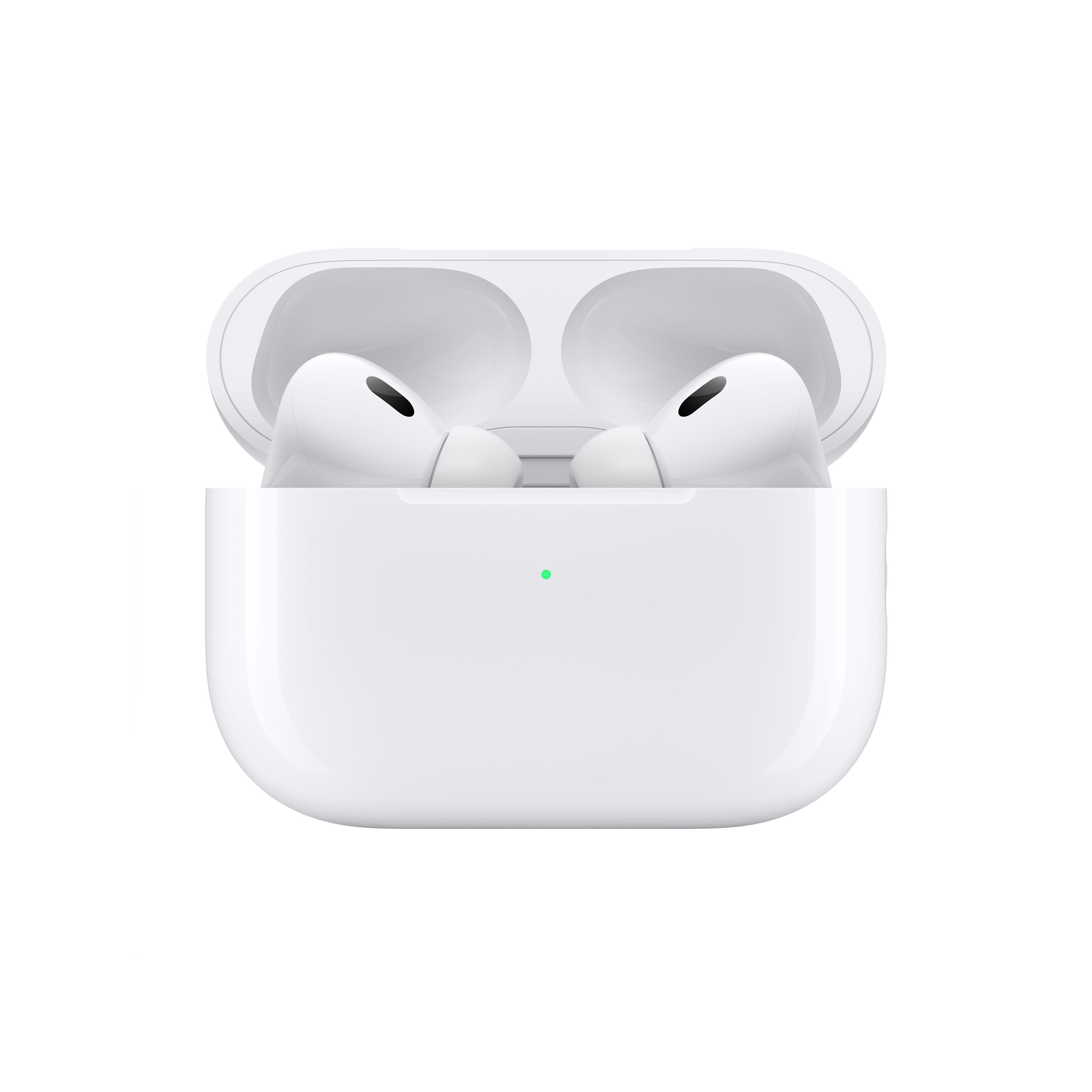 Weißes AirPods Pro-Etui geöffnet, zeigt zwei weiße Ohrhörer innen.
