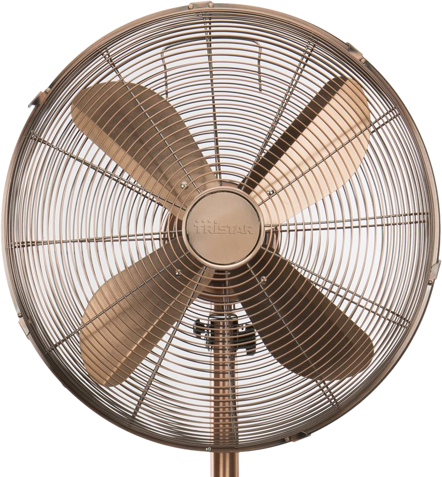 Ein Retro-Ventilator in Bronze mit vier Flügeln und Schutzgitter, vor weißem Hintergrund.