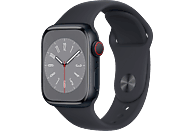APPLE Watch Series 8 (GPS + Cellular) 41 mm Smartwatch Aluminium Fluorelastomer, 130 - 200 mm, Armband: Mitternacht, Gehäuse: Mitternacht