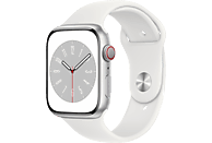 APPLE Watch Series 8 (GPS + Cellular) 45 mm Smartwatch Aluminium Fluorelastomer, 140 - 220 mm, Armband: Weiß, Gehäuse: Silber