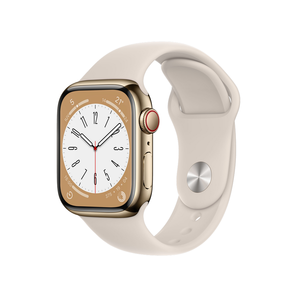 Apple Watch dorada con correa beige. El reloj muestra la hora. Fondo negro.