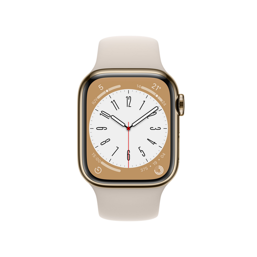 Apple Watch con caja dorada y correa beige, pantalla mostrando la hora.